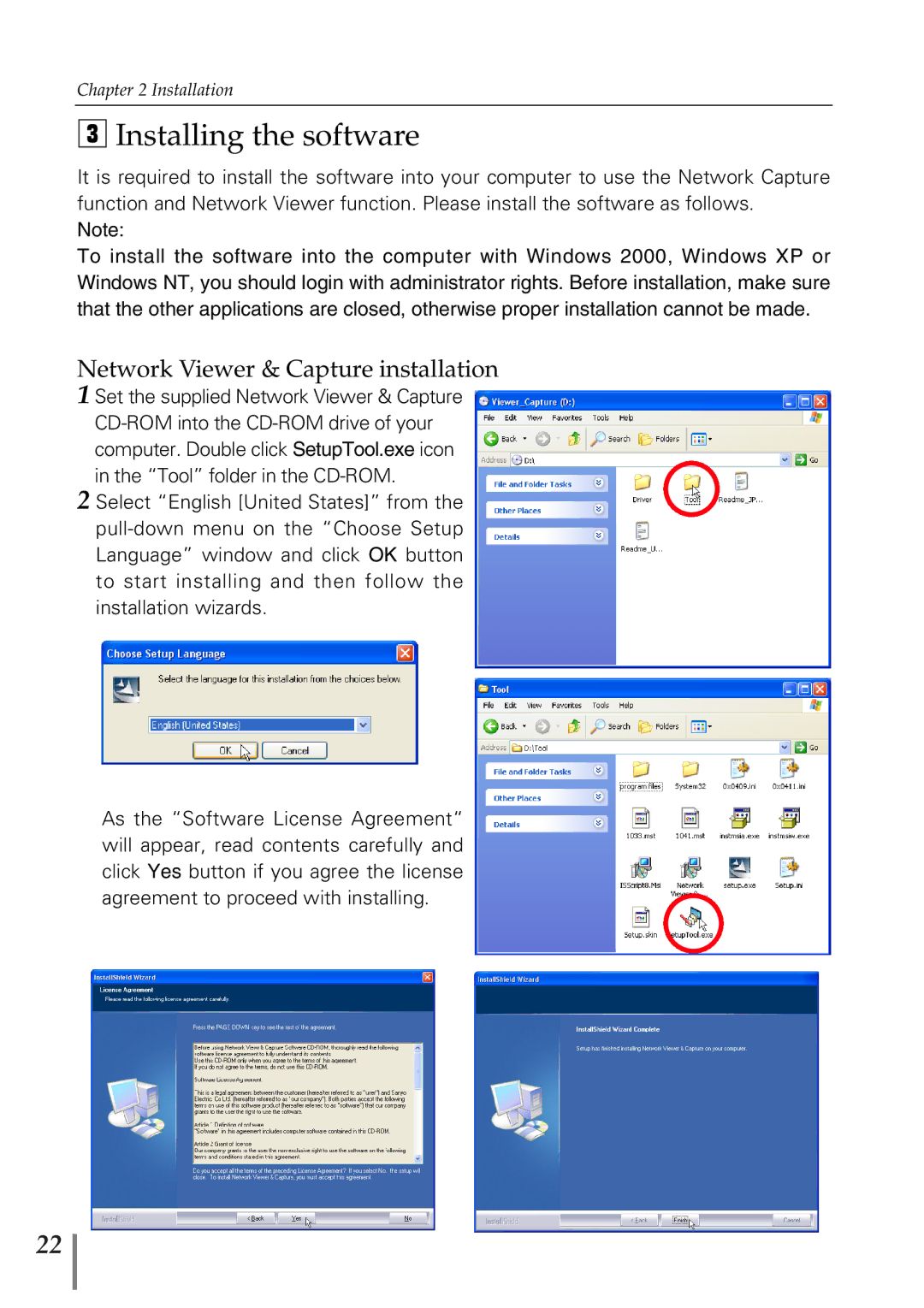 Sanyo POA-PN02 owner manual Installing the software, Network Viewer & Capture installation 