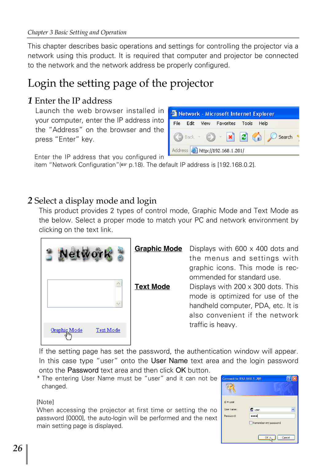 Sanyo POA-PN02 owner manual Login the setting page of the projector, Enter the IP address, Select a display mode and login 