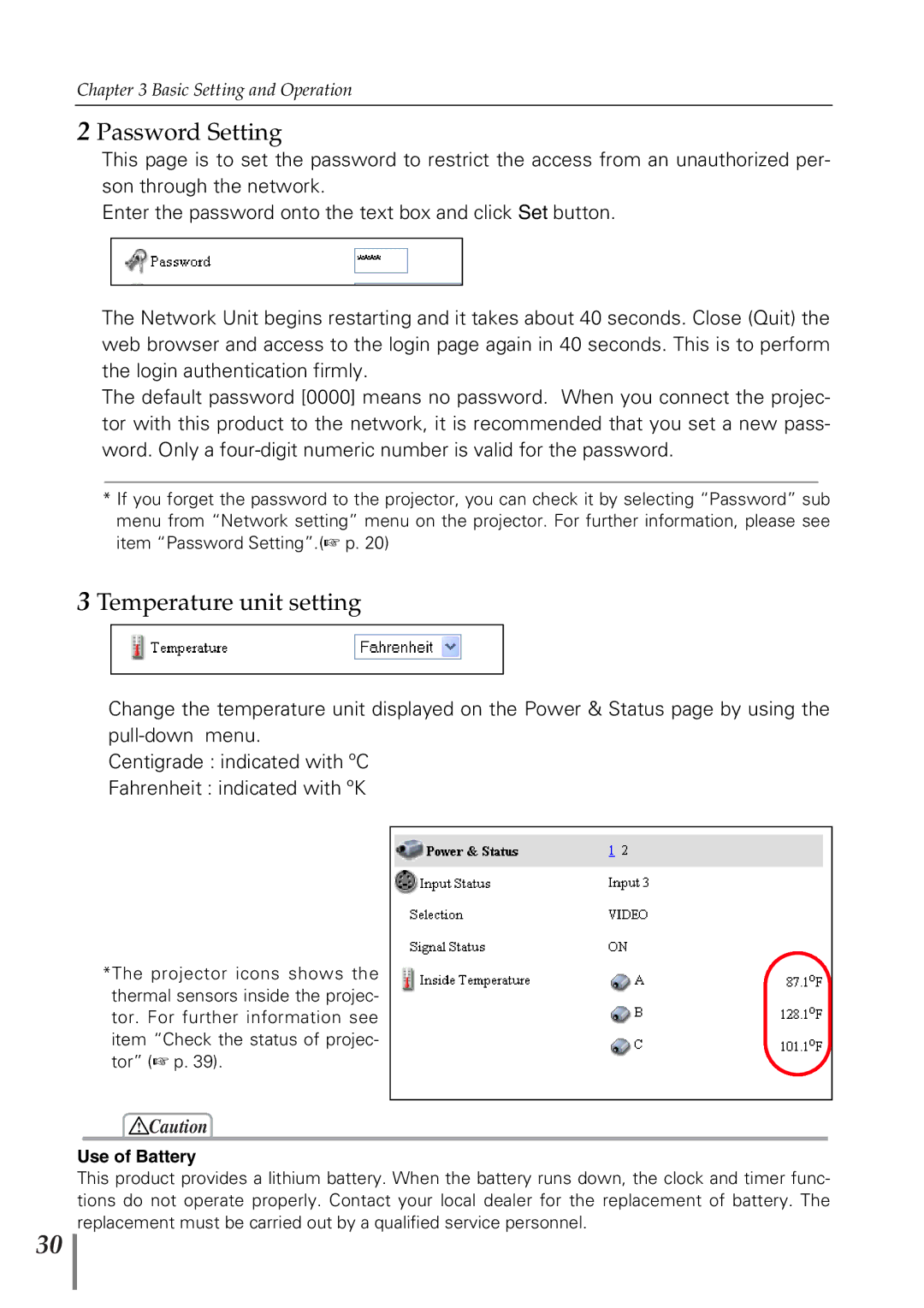 Sanyo POA-PN02 owner manual Temperature unit setting, Use of Battery 