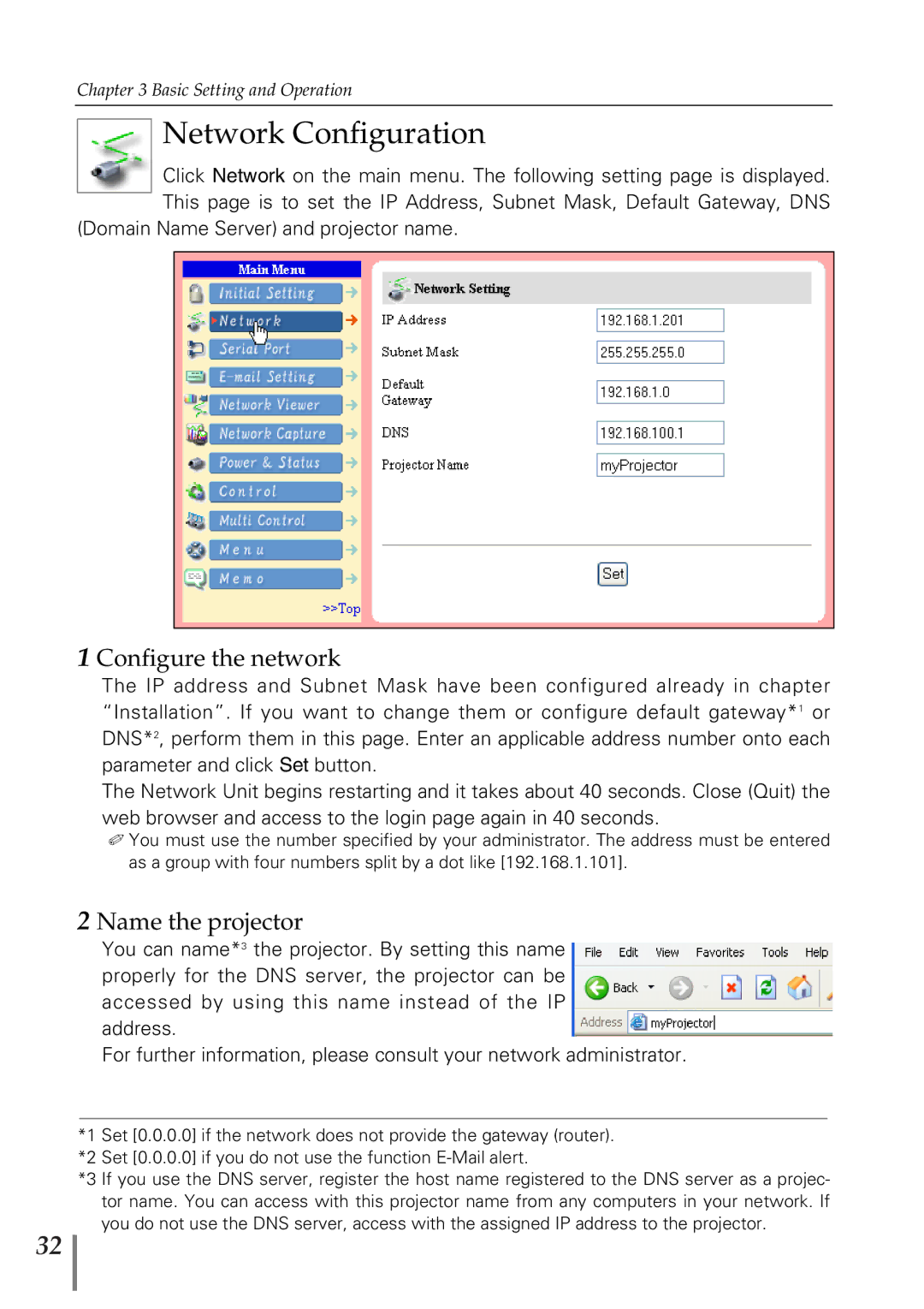 Sanyo POA-PN02 owner manual Network Configuration, Configure the network, Name the projector 