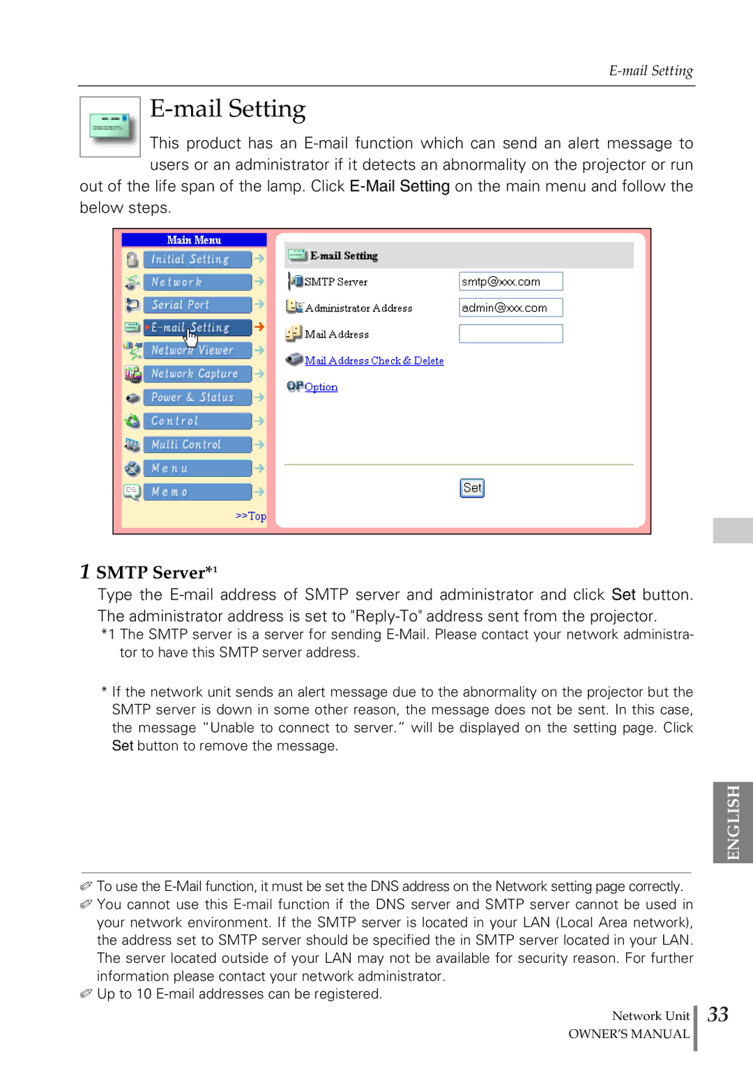 Sanyo POA-PN02 owner manual Mail Setting, Smtp Server*1 