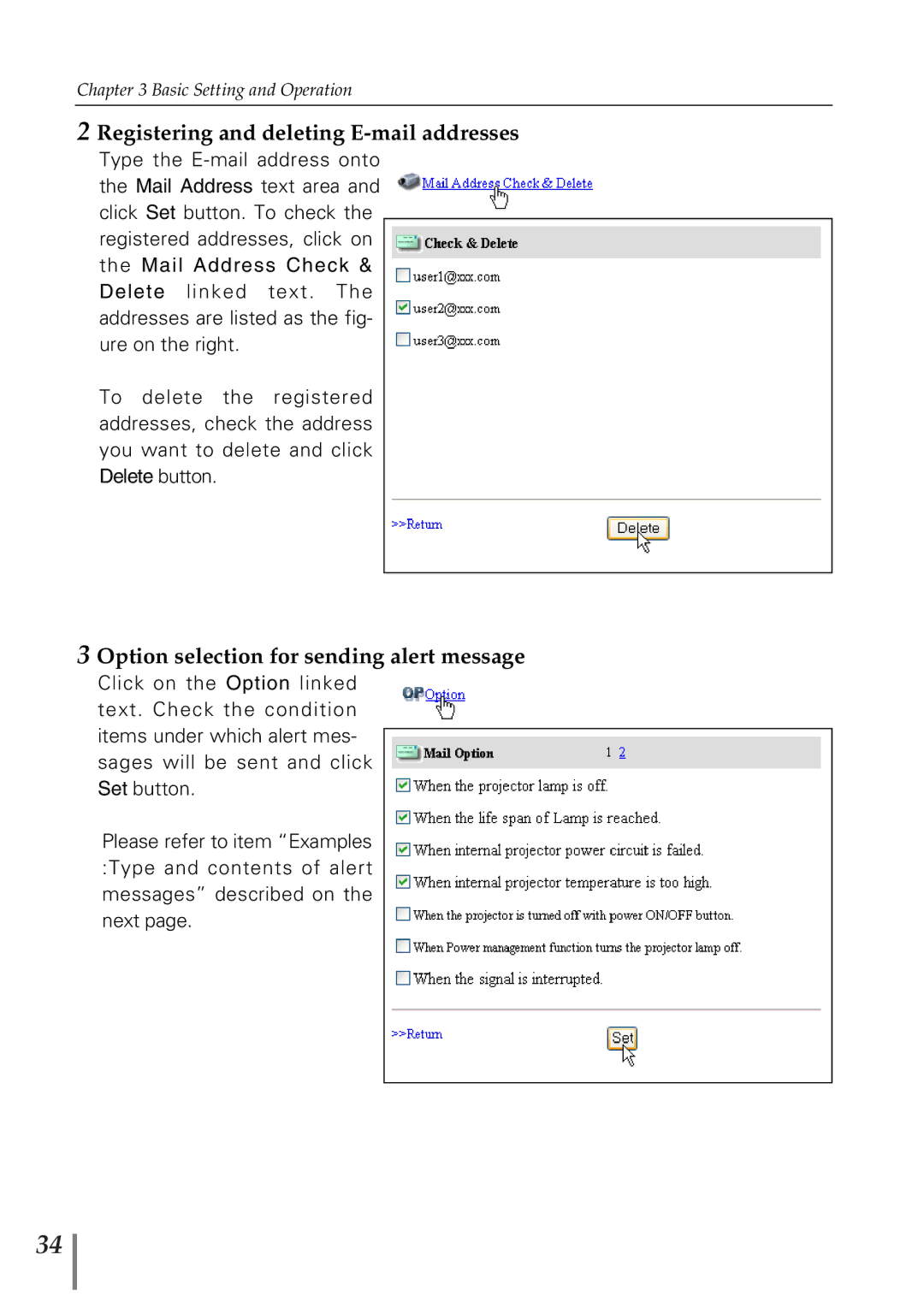 Sanyo POA-PN02 owner manual Registering and deleting E-mail addresses, Option selection for sending alert message 