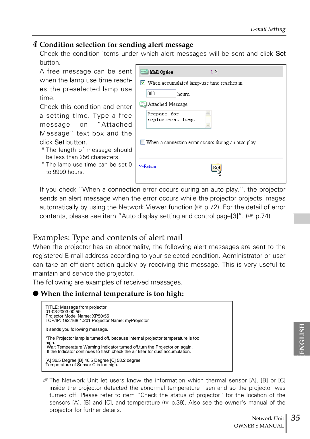 Sanyo POA-PN02 owner manual Examples Type and contents of alert mail 