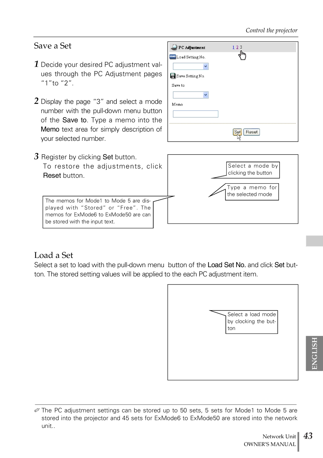 Sanyo POA-PN02 owner manual Save a Set, Load a Set 