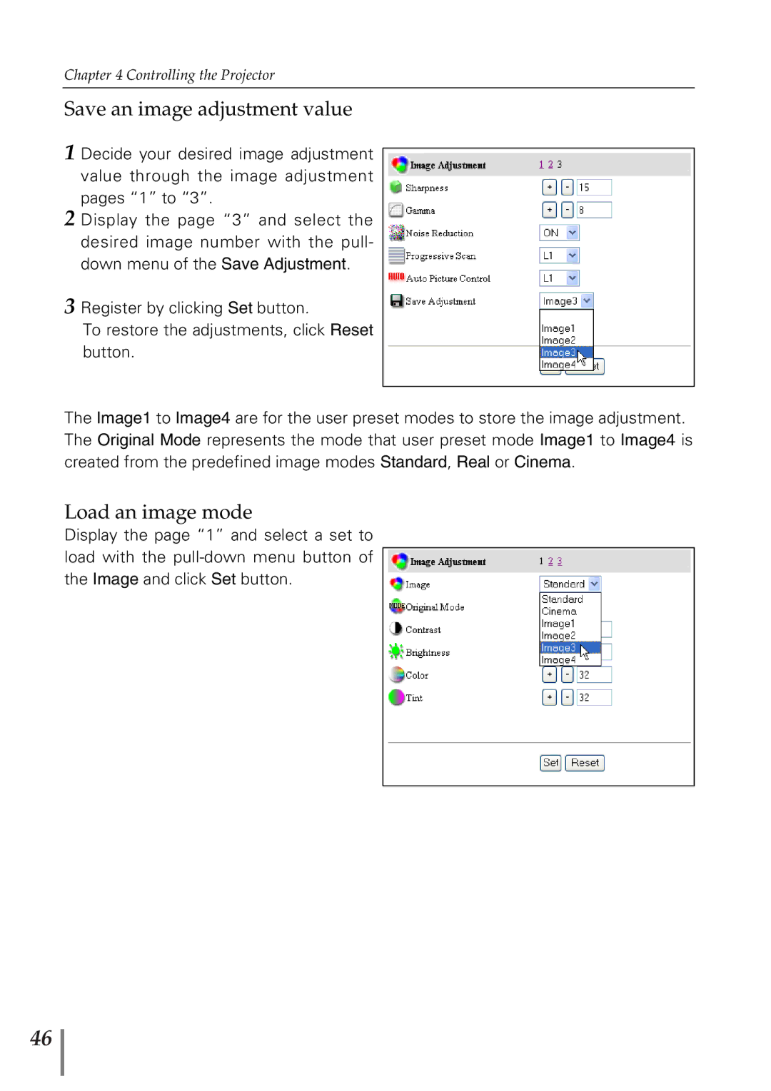 Sanyo POA-PN02 owner manual Save an image adjustment value, Load an image mode 