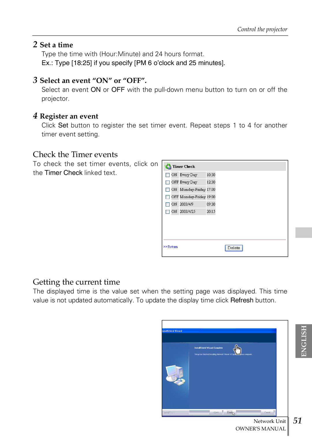 Sanyo POA-PN02 Check the Timer events, Getting the current time, Set a time, Select an event on or OFF, Register an event 