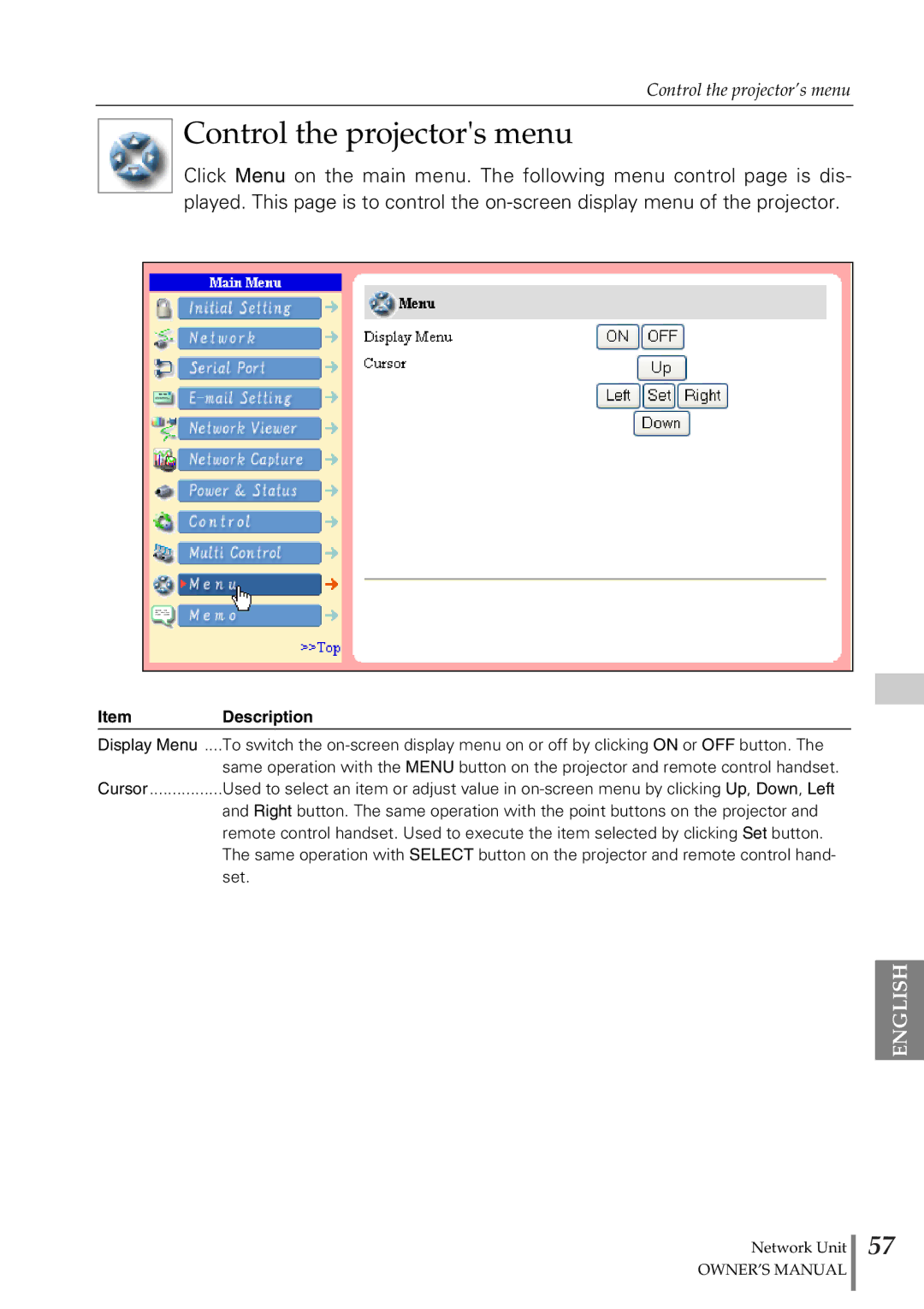 Sanyo POA-PN02 owner manual Control the projectors menu 