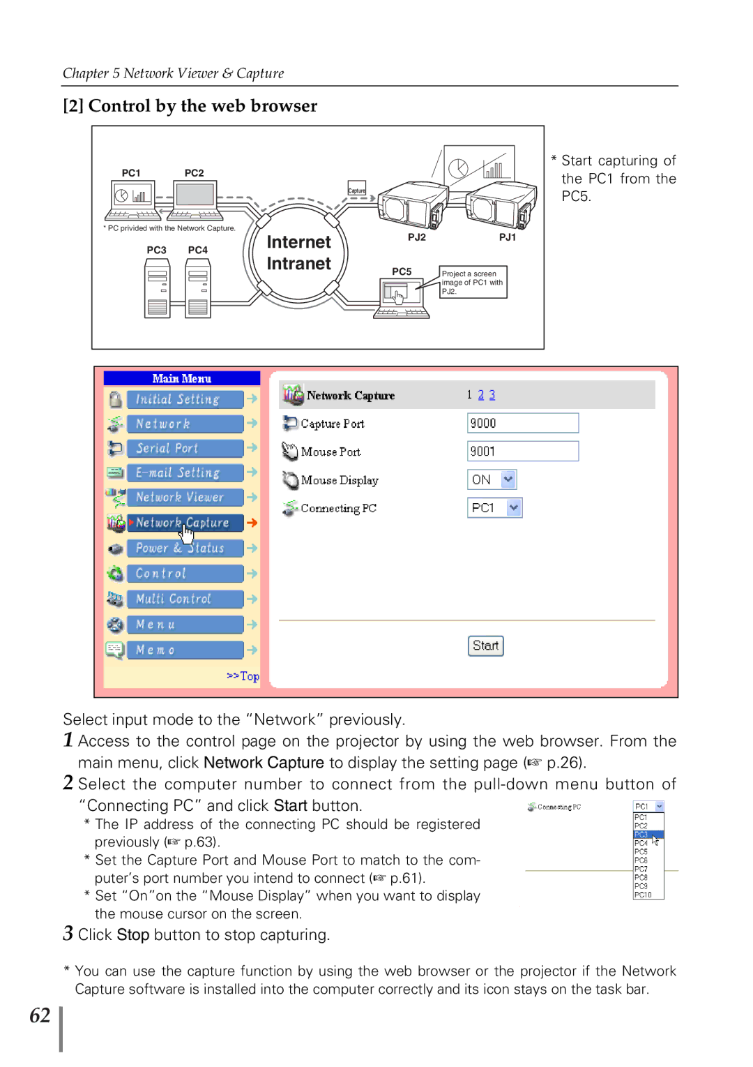 Sanyo POA-PN02 owner manual Control by the web browser, Click Stop button to stop capturing 