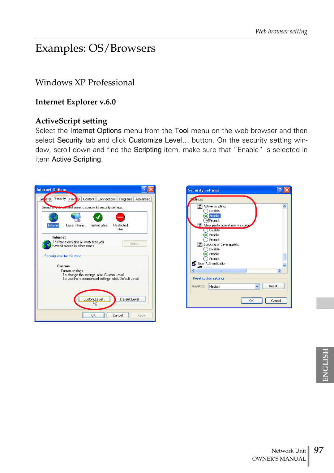 Sanyo POA-PN02 owner manual Examples OS/Browsers, Windows XP Professional, Internet Explorer ActiveScript setting 