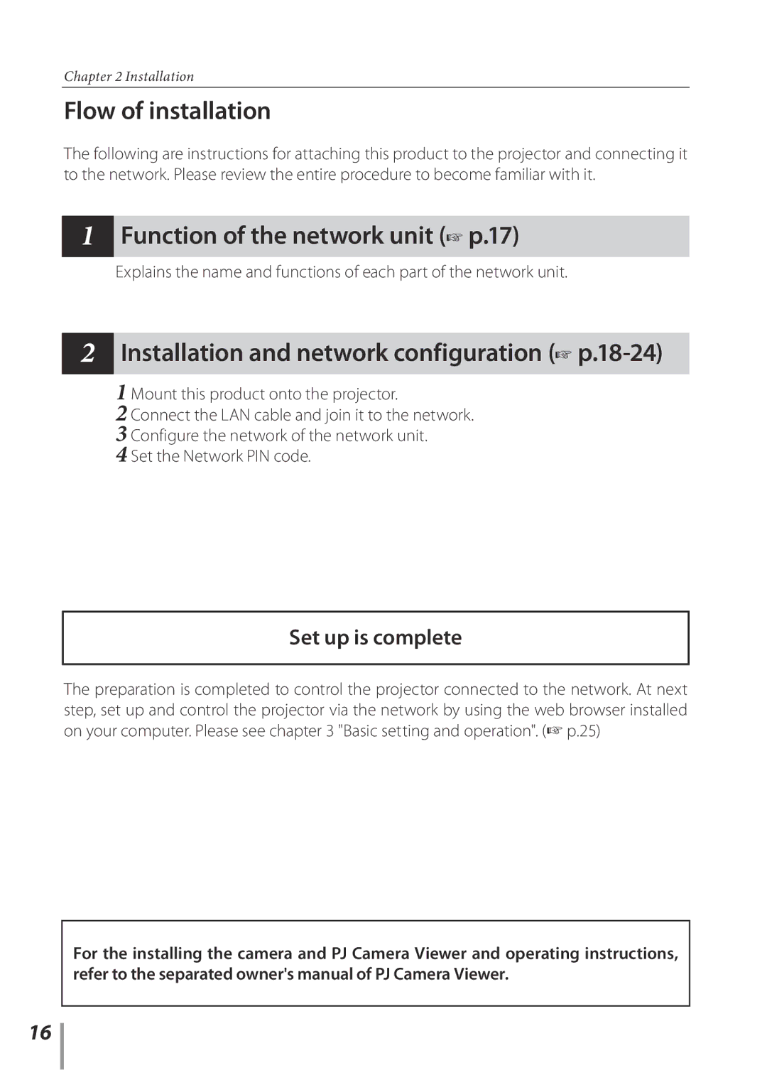 Sanyo POA-PN02C Flow of installation, Function of the network unit p.17, Installation and network configuration p.18-24 