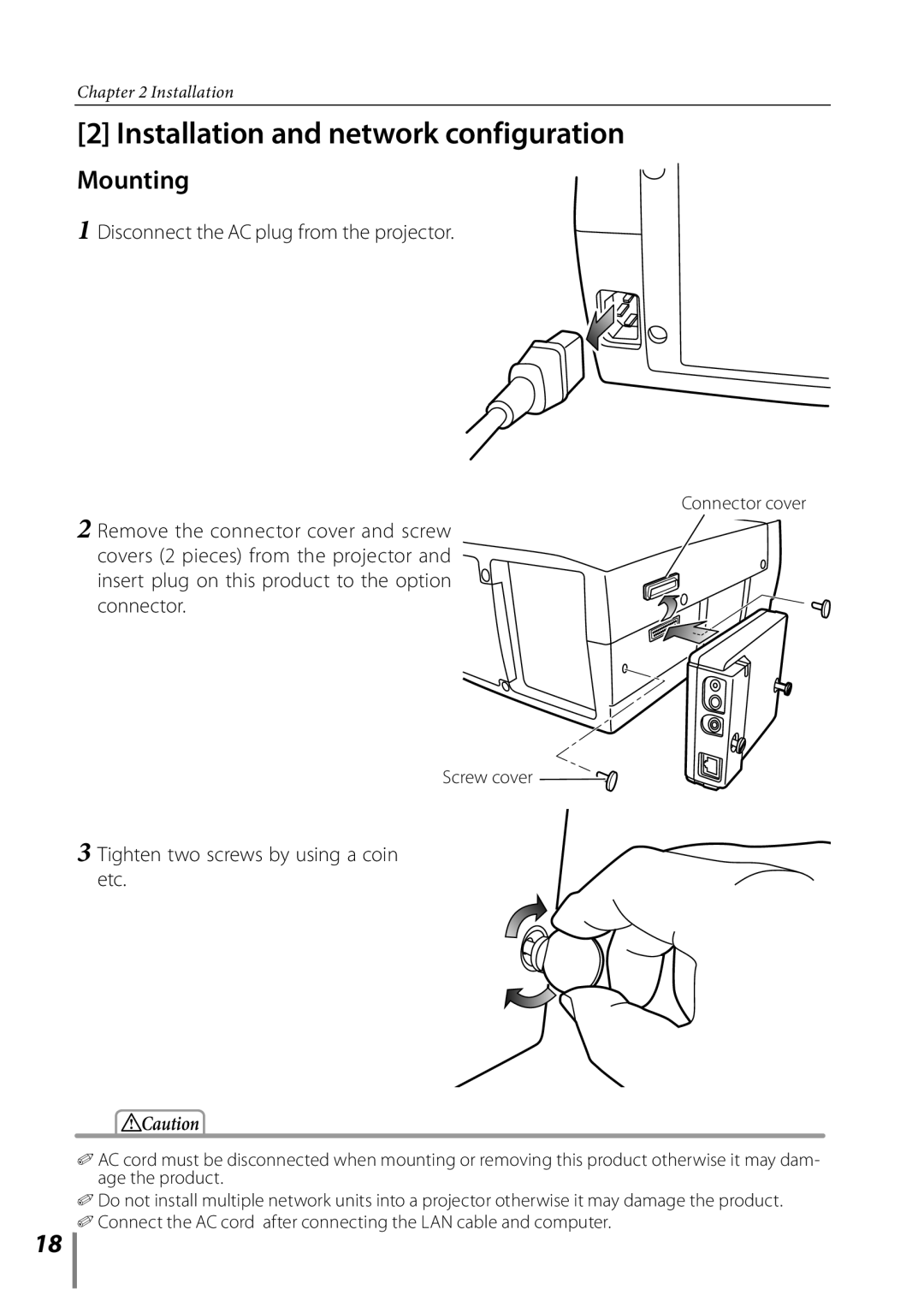 Sanyo POA-PN02C owner manual Installation and network configuration, Mounting, Tighten two screws by using a coin etc 