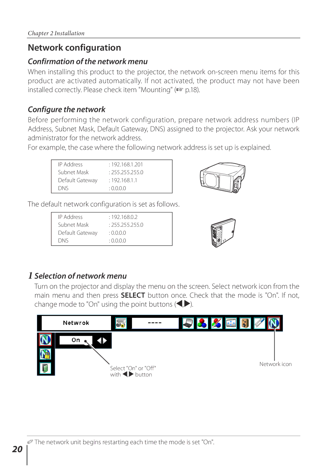 Sanyo POA-PN02C Network configuration, Confirmation of the network menu, Configure the network, Selection of network menu 