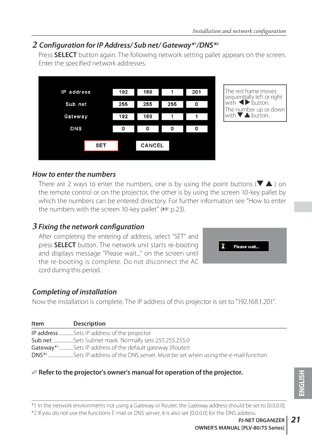 Sanyo POA-PN02C owner manual Configuration for IP Address/ Sub net/ Gateway*1/DNS*2, How to enter the numbers, Description 