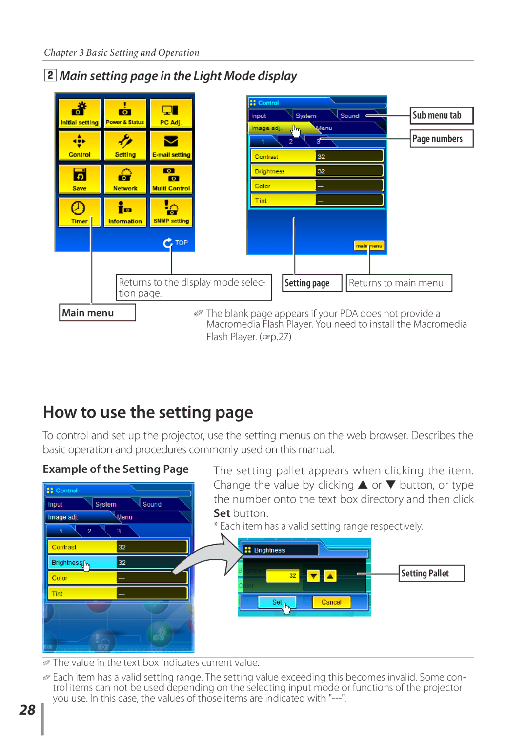 Sanyo POA-PN02C owner manual How to use the setting, Main setting page in the Light Mode display, Example of the Setting 