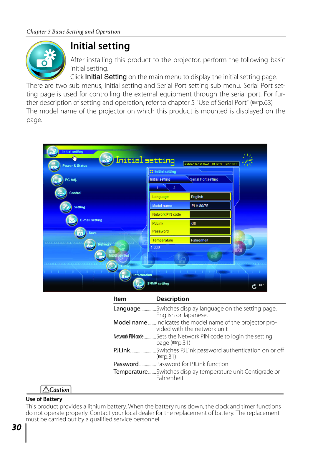 Sanyo POA-PN02C owner manual Initial setting, Use of Battery 