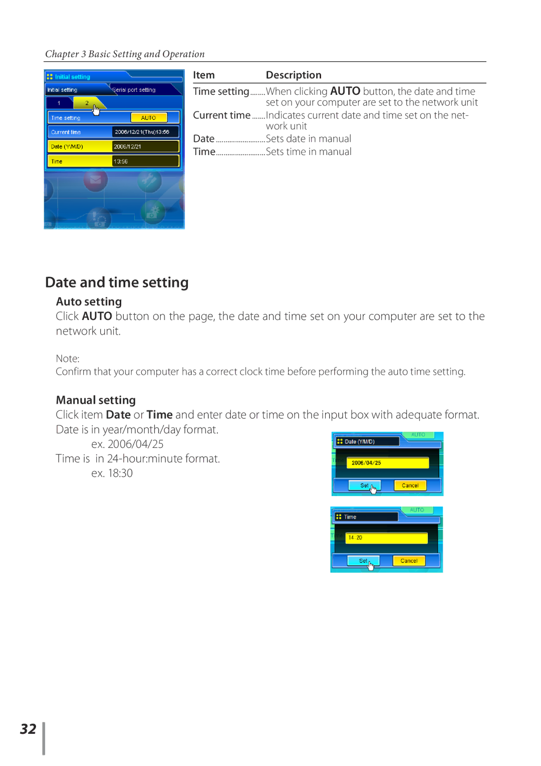 Sanyo POA-PN02C owner manual Date and time setting, Auto setting, Manual setting 