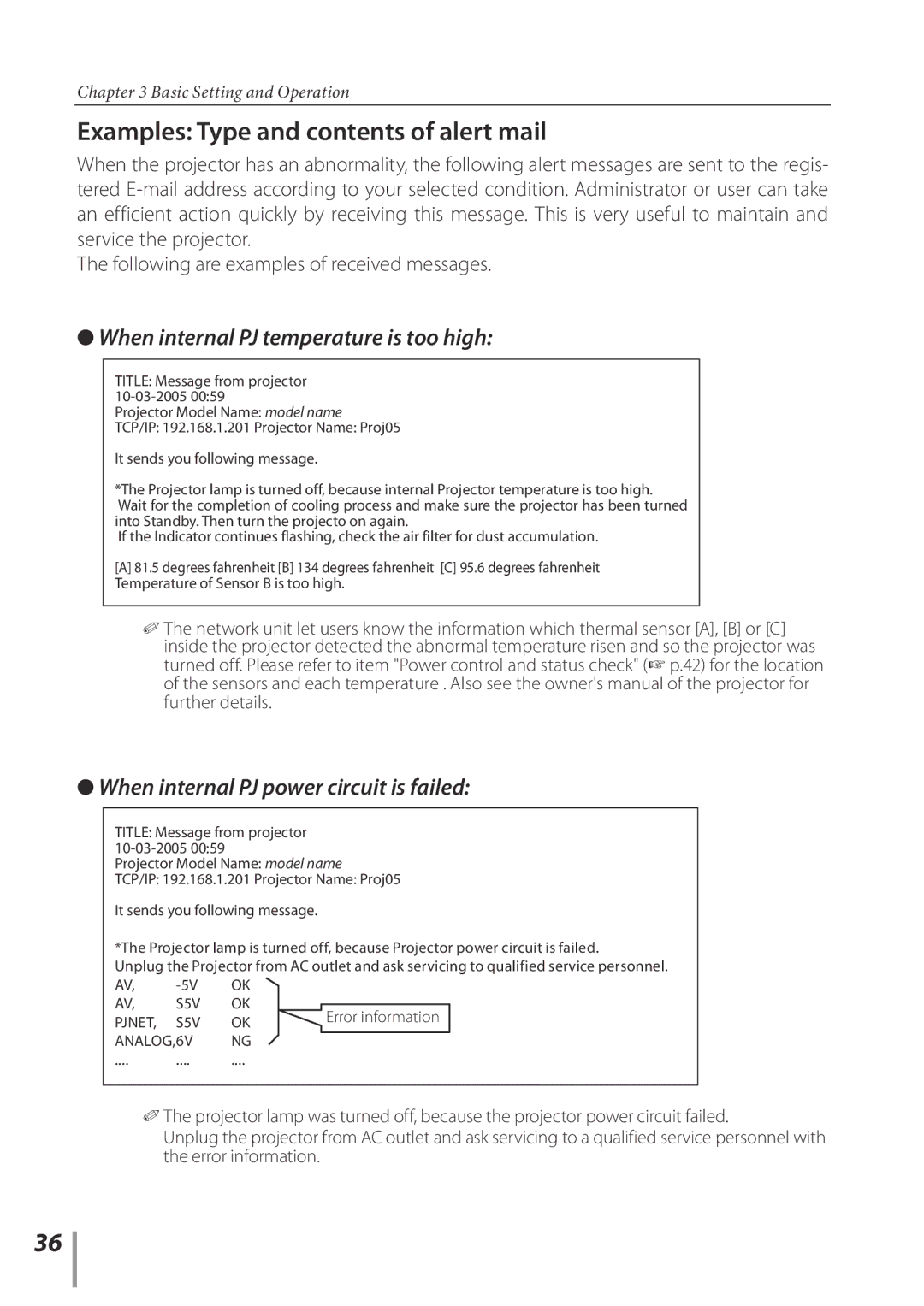 Sanyo POA-PN02C owner manual Examples Type and contents of alert mail 