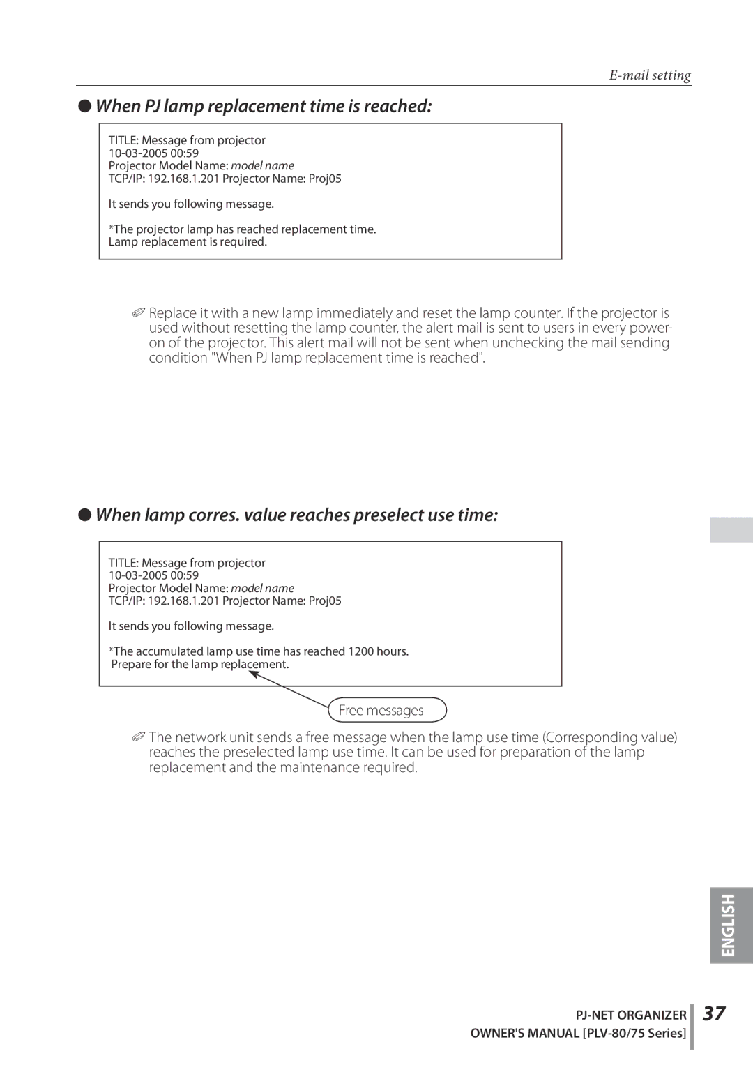 Sanyo POA-PN02C owner manual When PJ lamp replacement time is reached, When lamp corres. value reaches preselect use time 