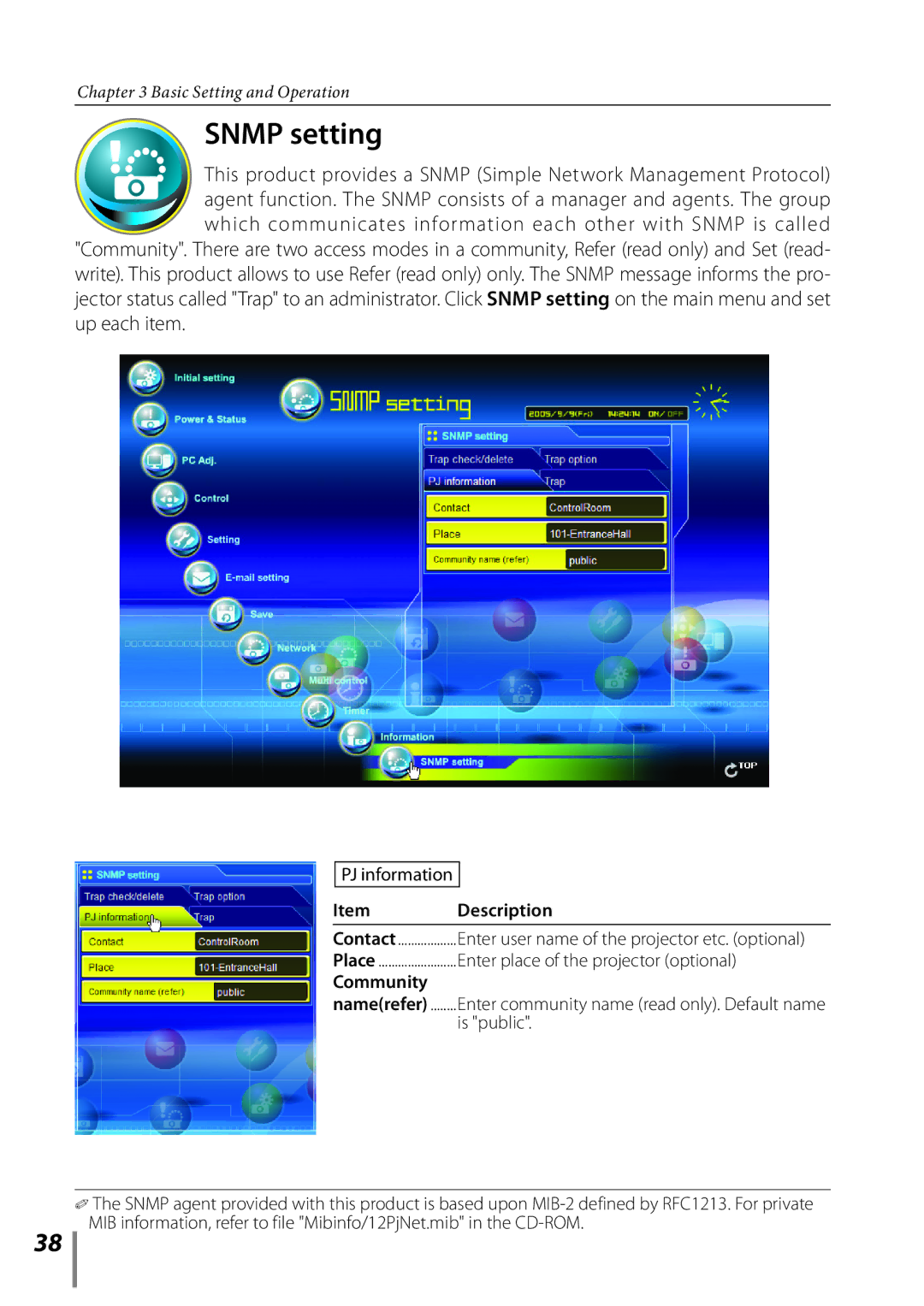 Sanyo POA-PN02C Snmp setting, Enter user name of the projector etc. optional, Enter place of the projector optional 