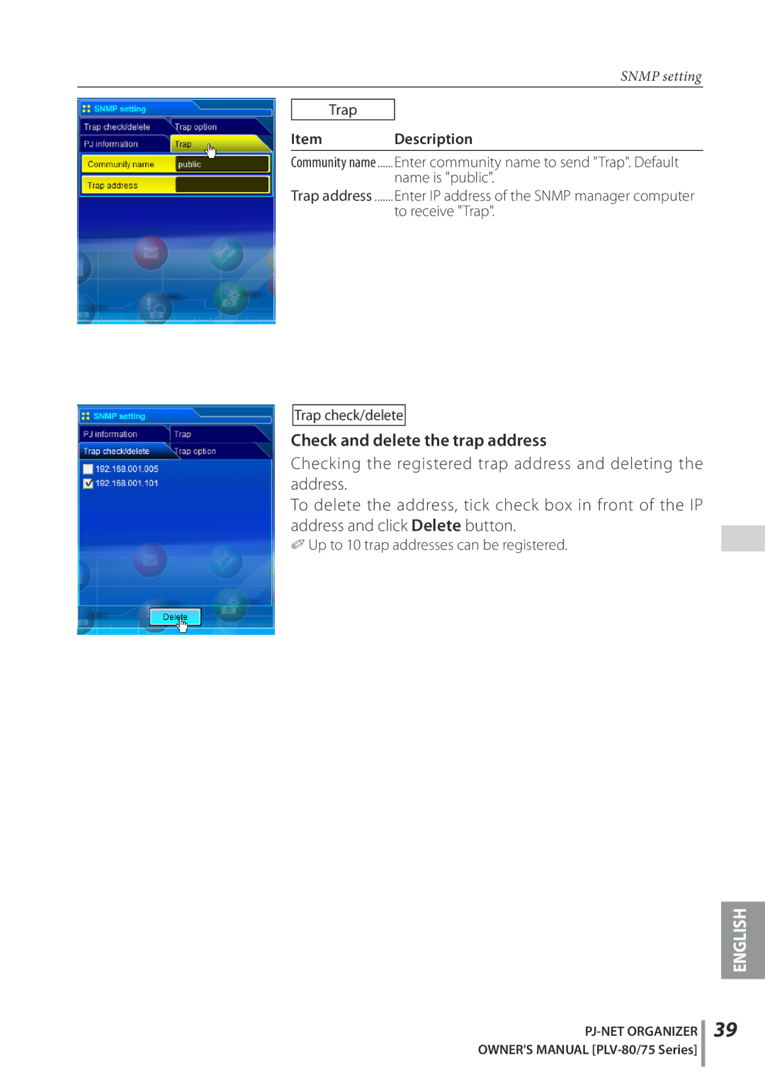 Sanyo POA-PN02C Check and delete the trap address, Trap, Item Description, Up to 10 trap addresses can be registered 