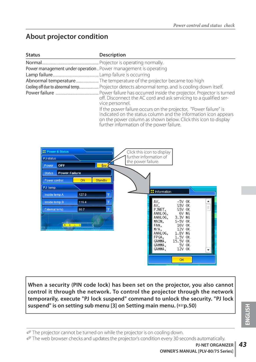 Sanyo POA-PN02C owner manual About projector condition, Status Description 