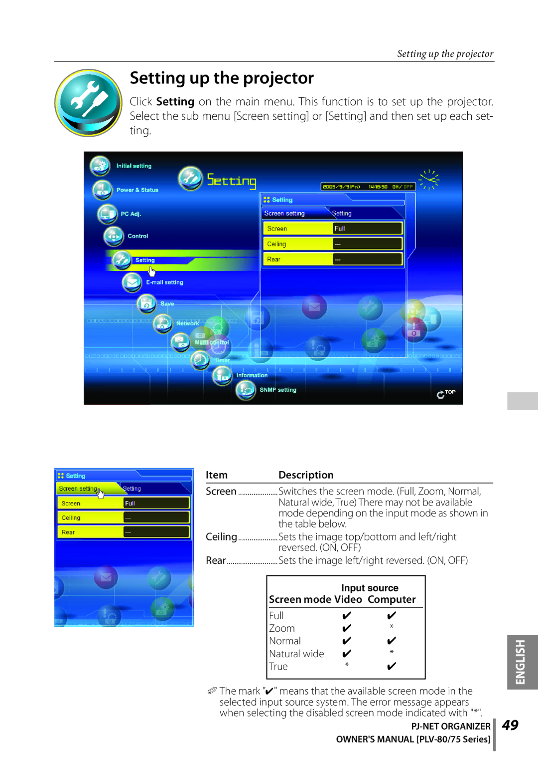 Sanyo POA-PN02C owner manual Setting up the projector, Natural wide, True There may not be available 