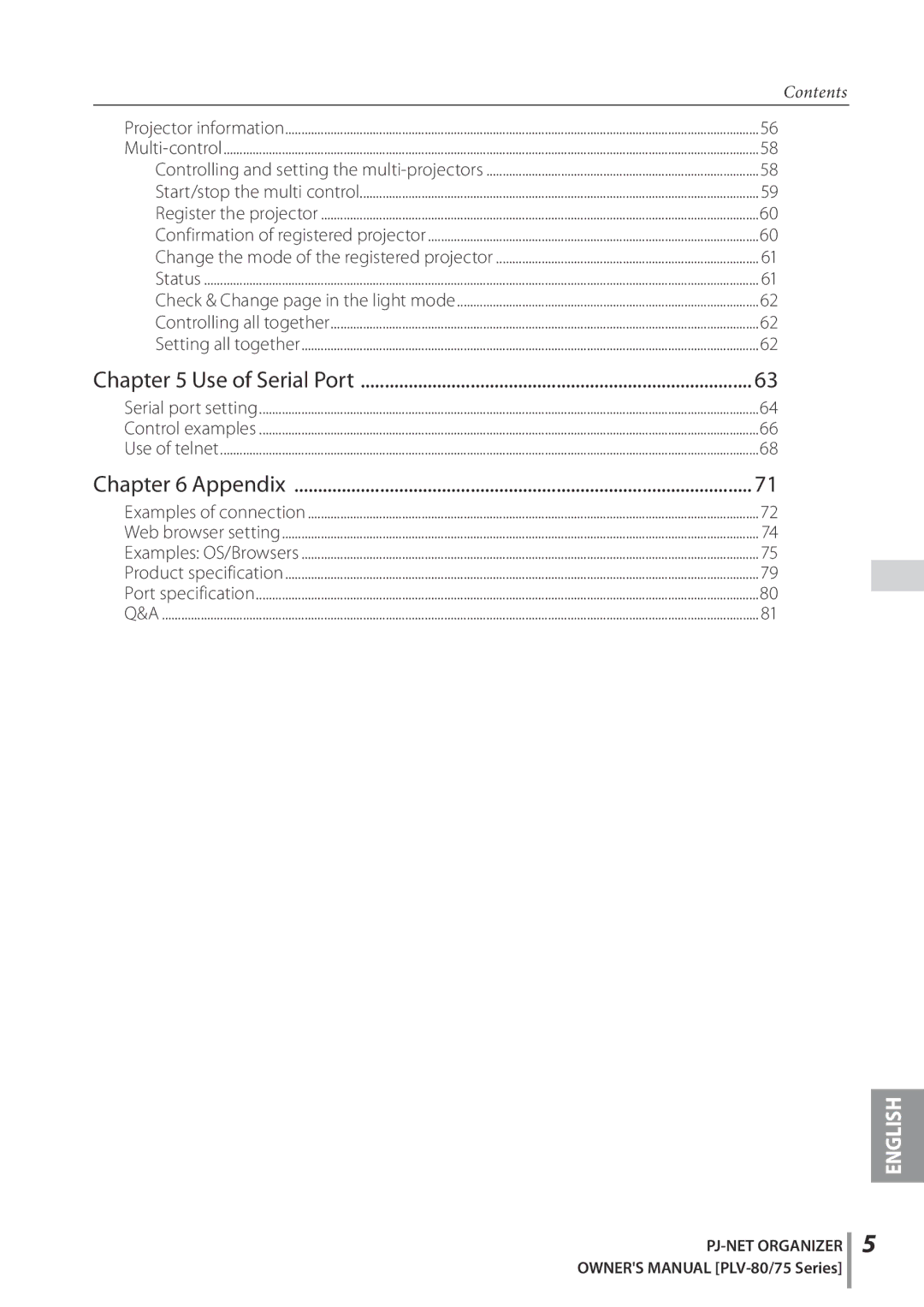 Sanyo POA-PN02C owner manual Contents, Use of Serial Port 