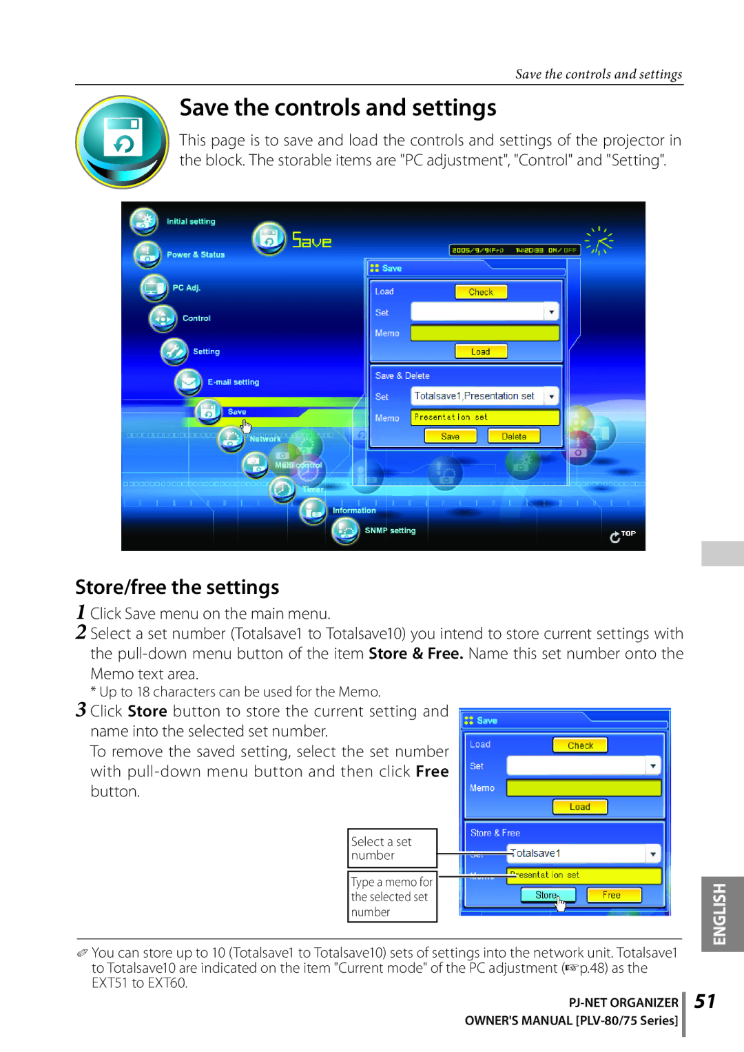 Sanyo POA-PN02C Save the controls and settings, Store/free the settings, Up to 18 characters can be used for the Memo 