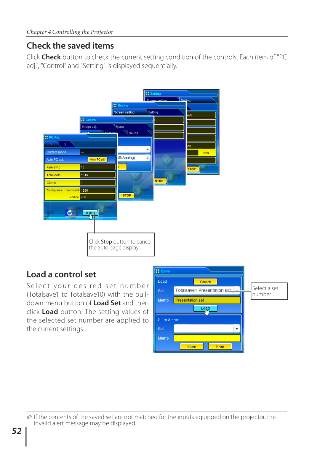 Sanyo POA-PN02C owner manual Check the saved items, Load a control set 