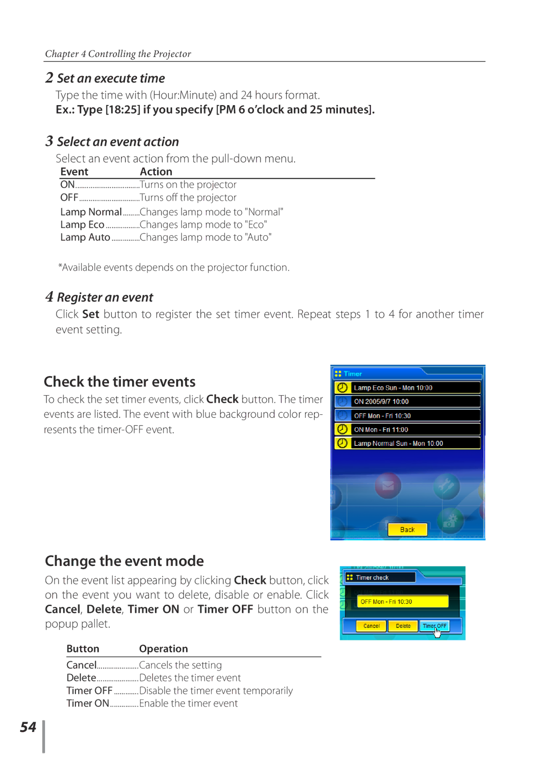 Sanyo POA-PN02C owner manual Check the timer events, Change the event mode, Set an execute time, Select an event action 