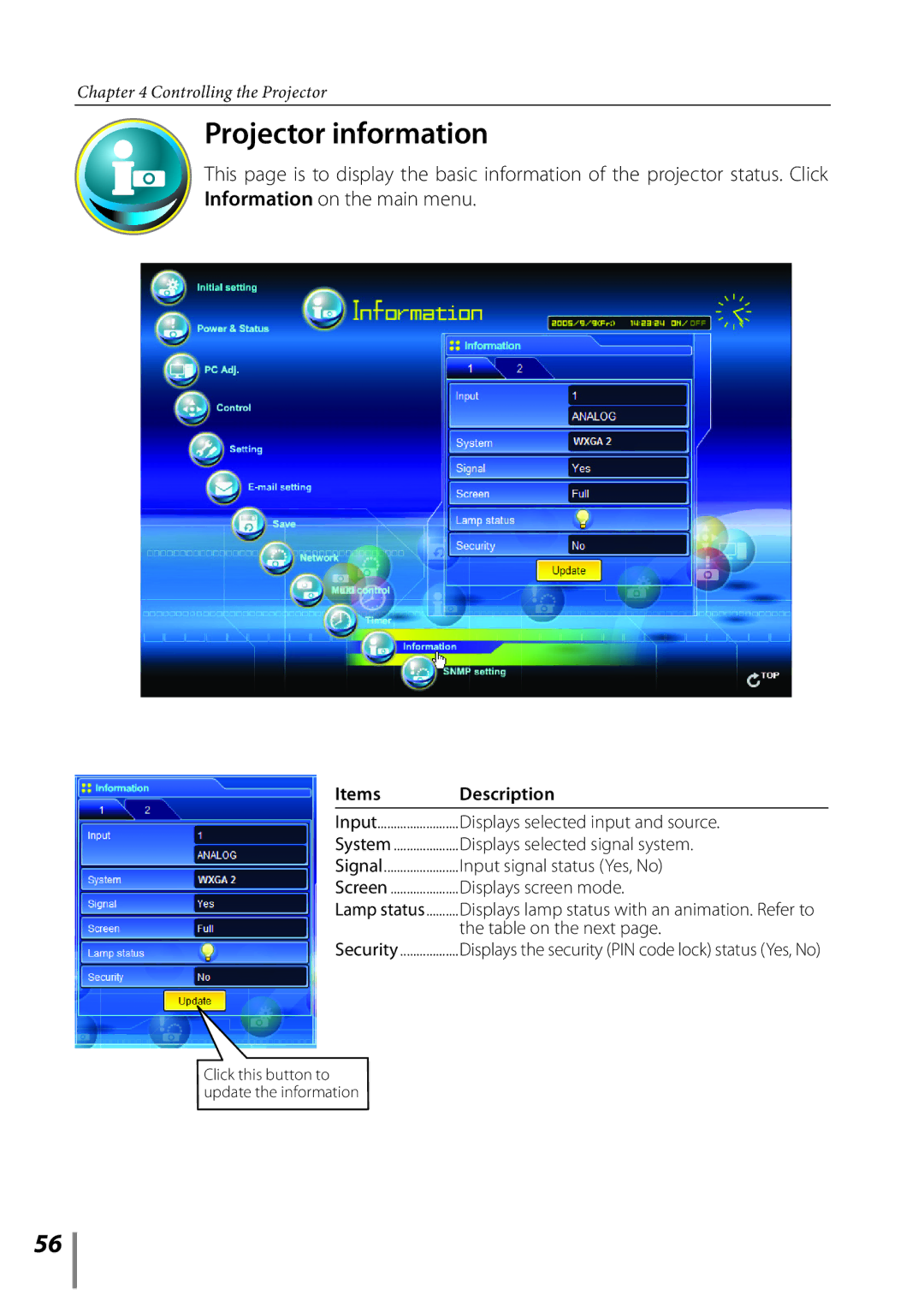 Sanyo POA-PN02C owner manual Projector information, Items Description 