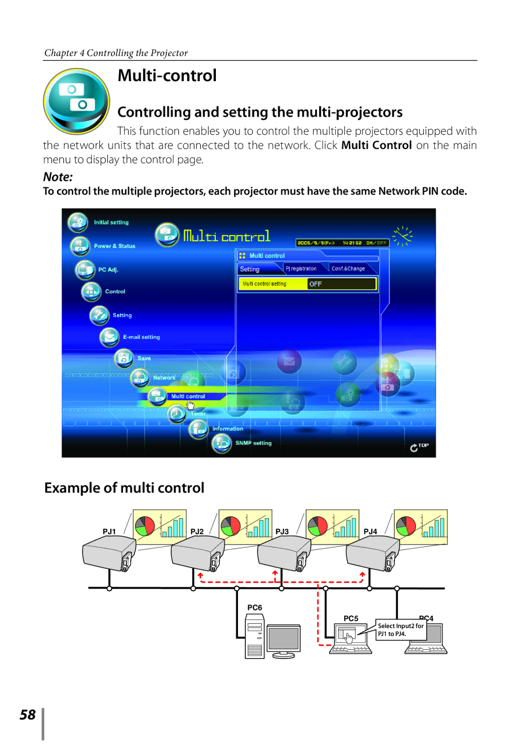 Sanyo POA-PN02C owner manual Multi-control, Controlling and setting the multi-projectors, Example of multi control 