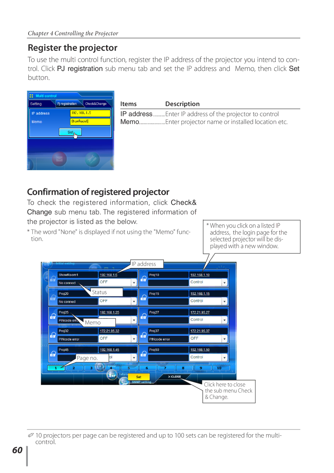 Sanyo POA-PN02C Register the projector, Confirmation of registered projector, Enter IP address of the projector to control 