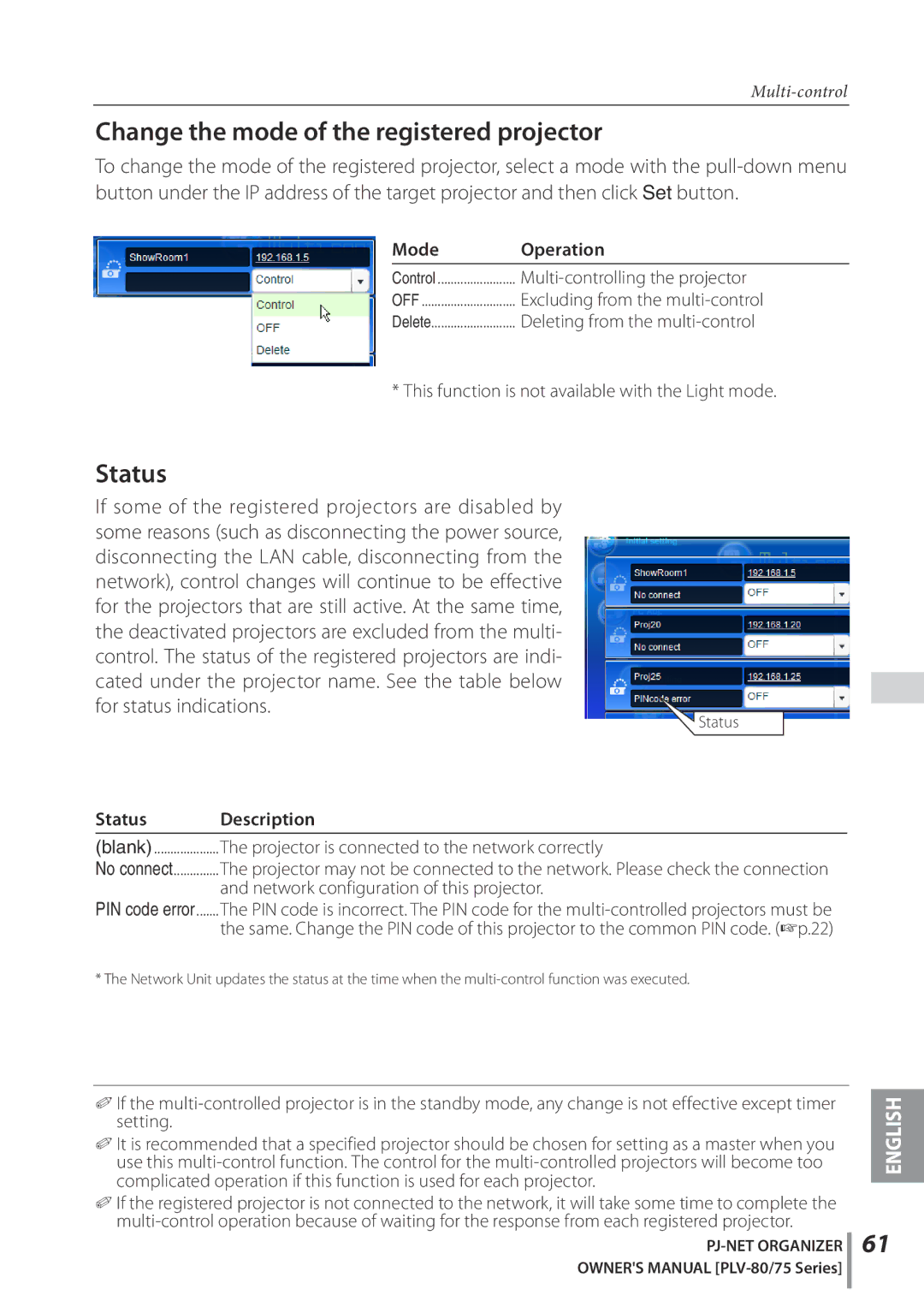 Sanyo POA-PN02C owner manual Change the mode of the registered projector, Status, Mode Operation 