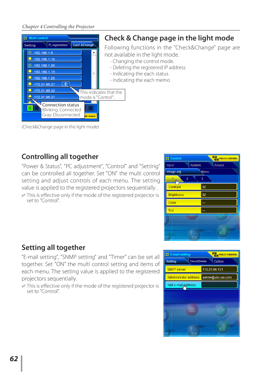 Sanyo POA-PN02C owner manual Check & Change page in the light mode, Controlling all together, Setting all together 