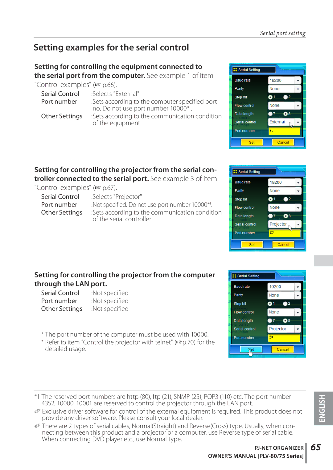 Sanyo POA-PN02C owner manual Setting examples for the serial control 