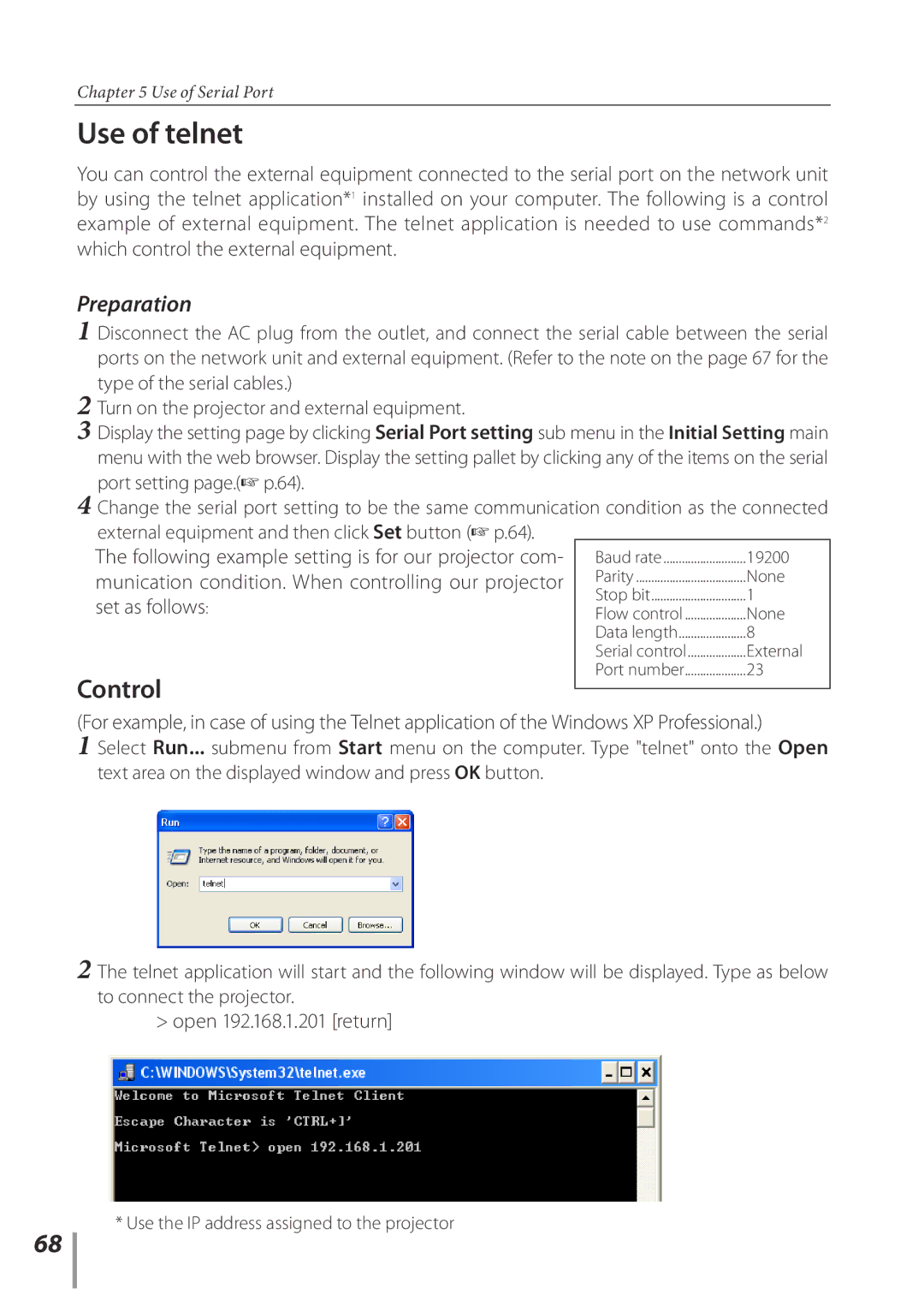 Sanyo POA-PN02C owner manual Use of telnet, Control, Preparation 