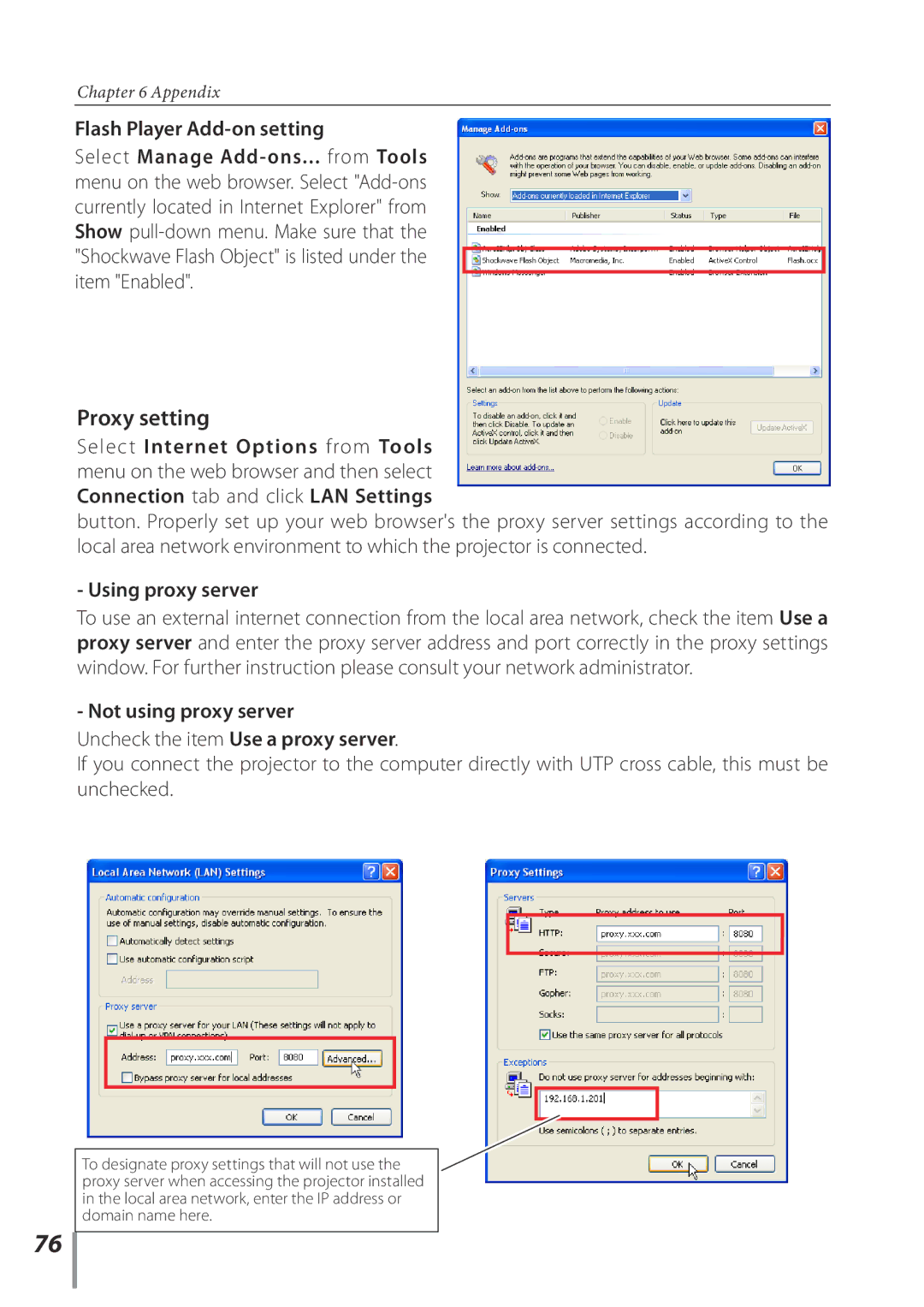 Sanyo POA-PN02C owner manual Flash Player Add-on setting, Using proxy server, Not using proxy server 