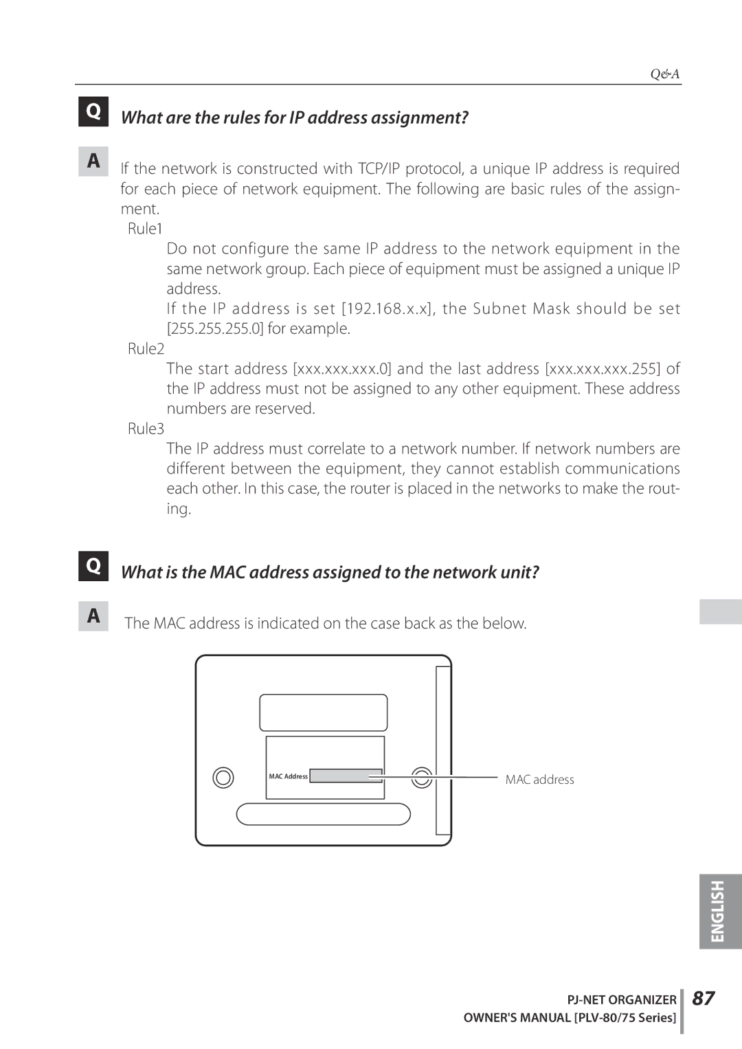 Sanyo POA-PN02C What are the rules for IP address assignment?, What is the MAC address assigned to the network unit? 