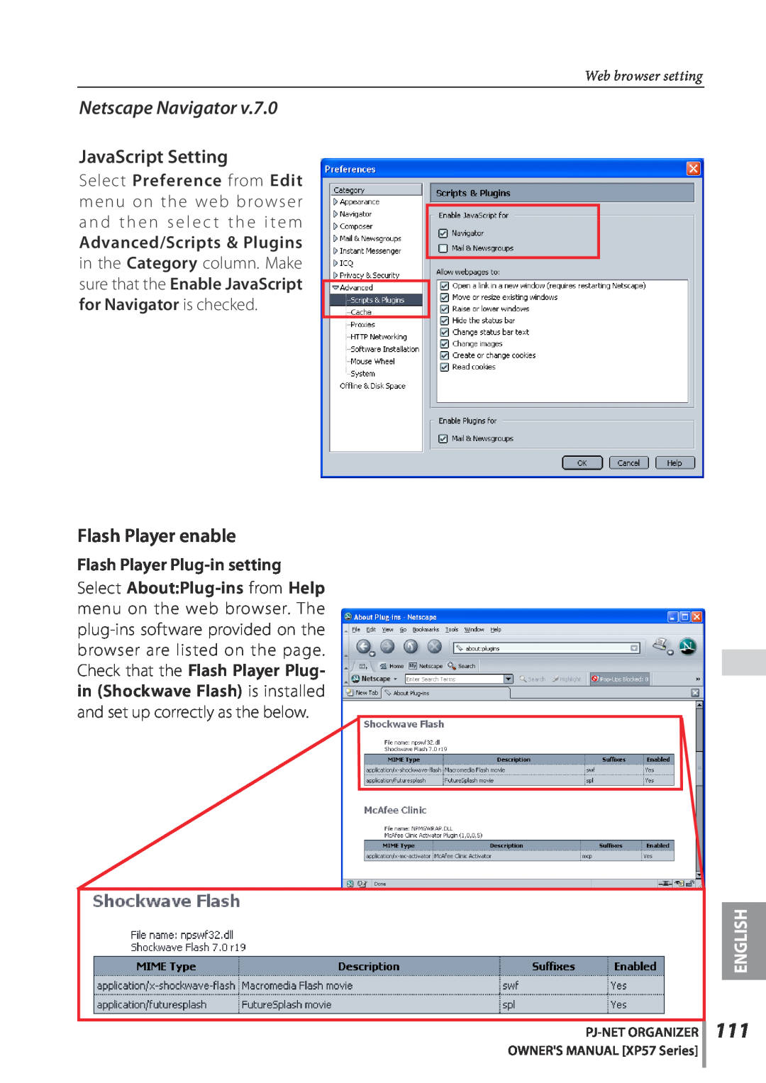 Sanyo POA-PN03C owner manual Netscape Navigator, JavaScript Setting, Flash Player enable, English 
