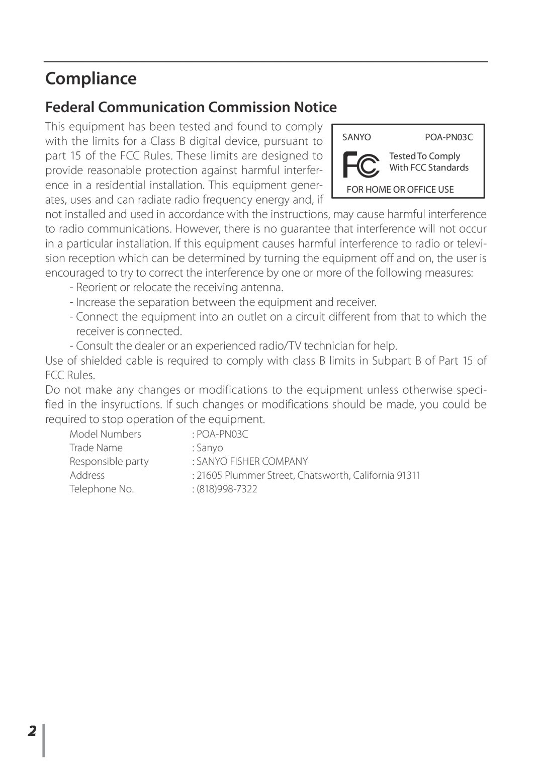 Sanyo POA-PN03C owner manual Compliance, Federal Communication Commission Notice 