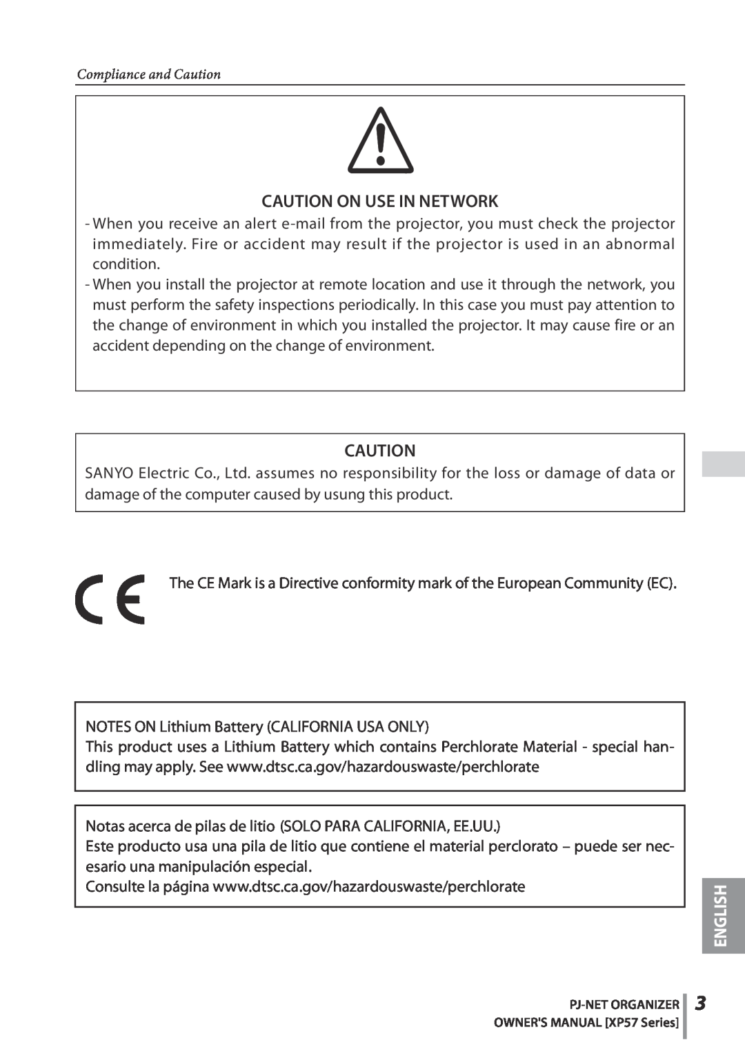 Sanyo POA-PN03C owner manual caution ON Use in network, English 
