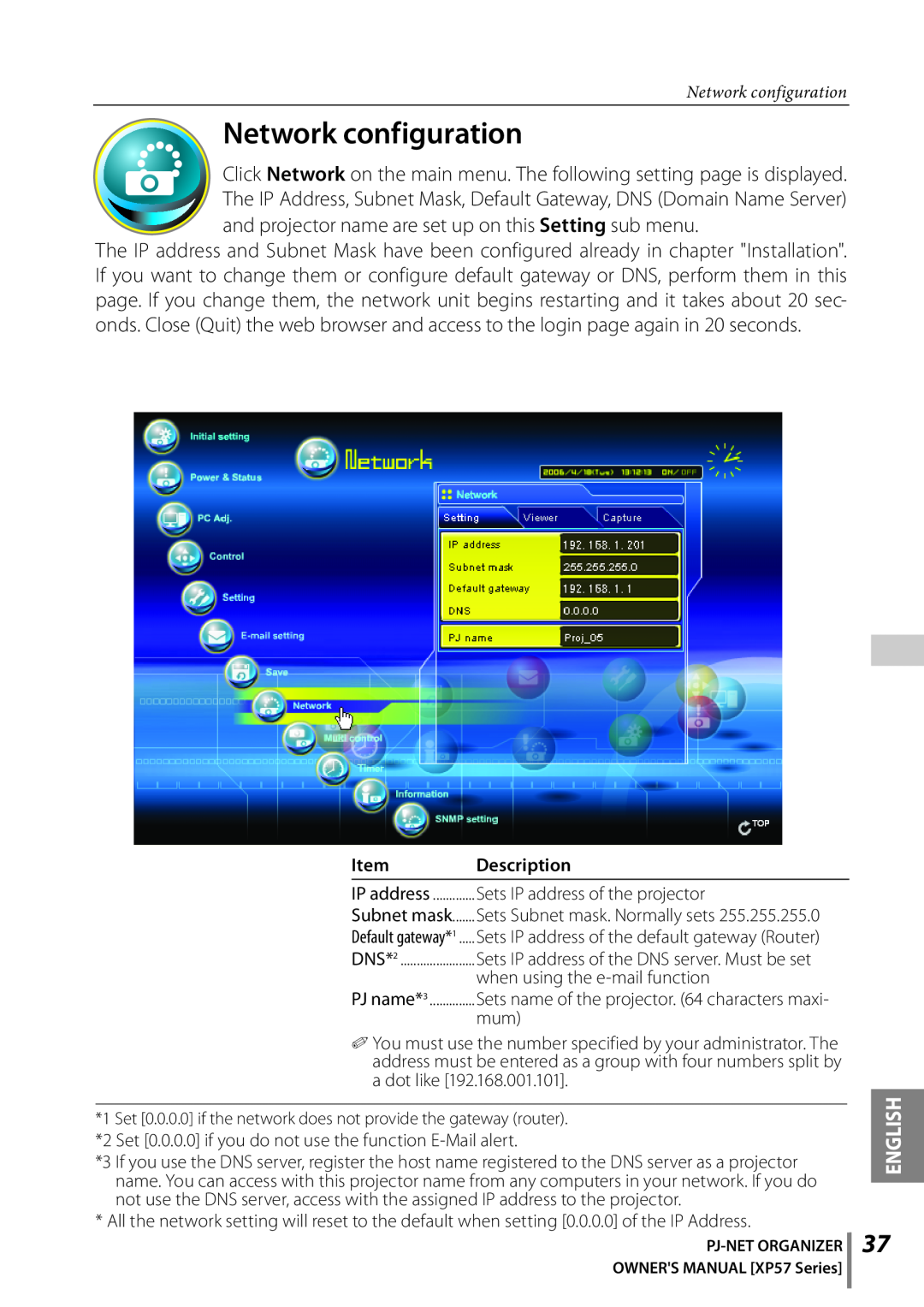 Sanyo POA-PN03C owner manual Network configuration, English, Item, Description 