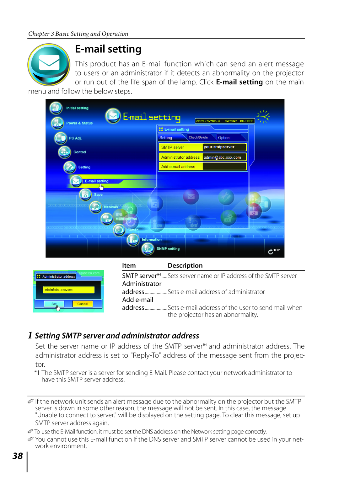 Sanyo POA-PN03C E-mailsetting, 1Setting SMTP server and administrator address, Basic Setting and Operation, Item 