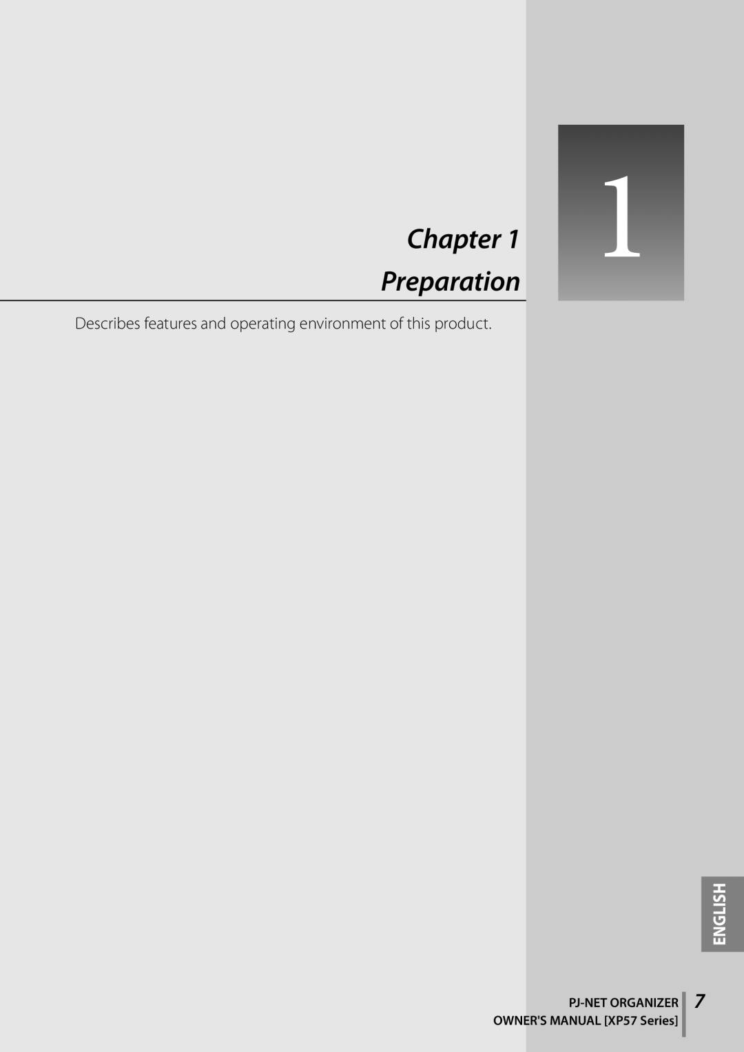 Sanyo POA-PN03C owner manual Chapter, Preparation, English, PJ-NETORGANIZER OWNERS MANUAL XP57 Series 
