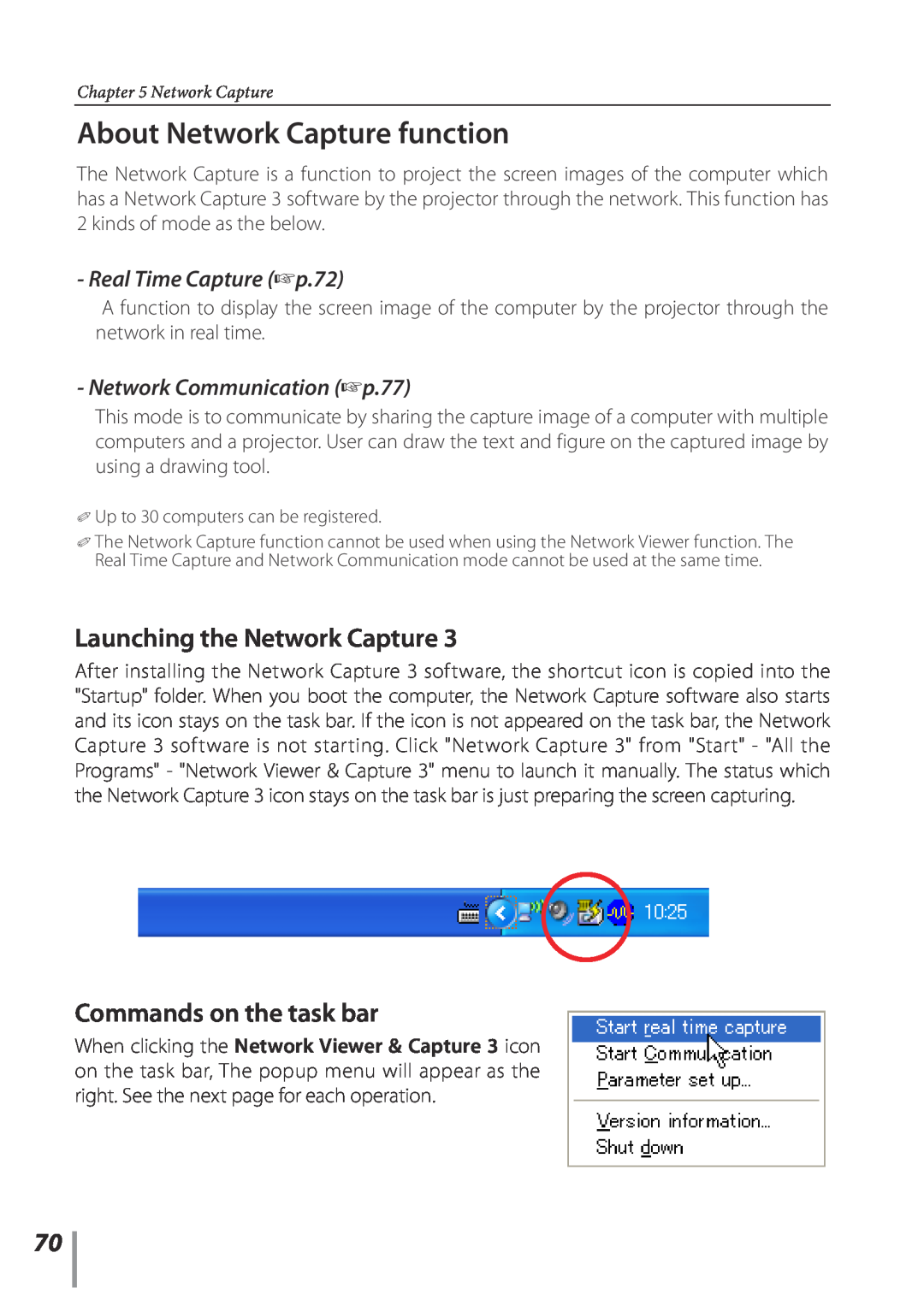 Sanyo POA-PN03C owner manual About Network Capture function, Launching the Network Capture, Commands on the task bar 