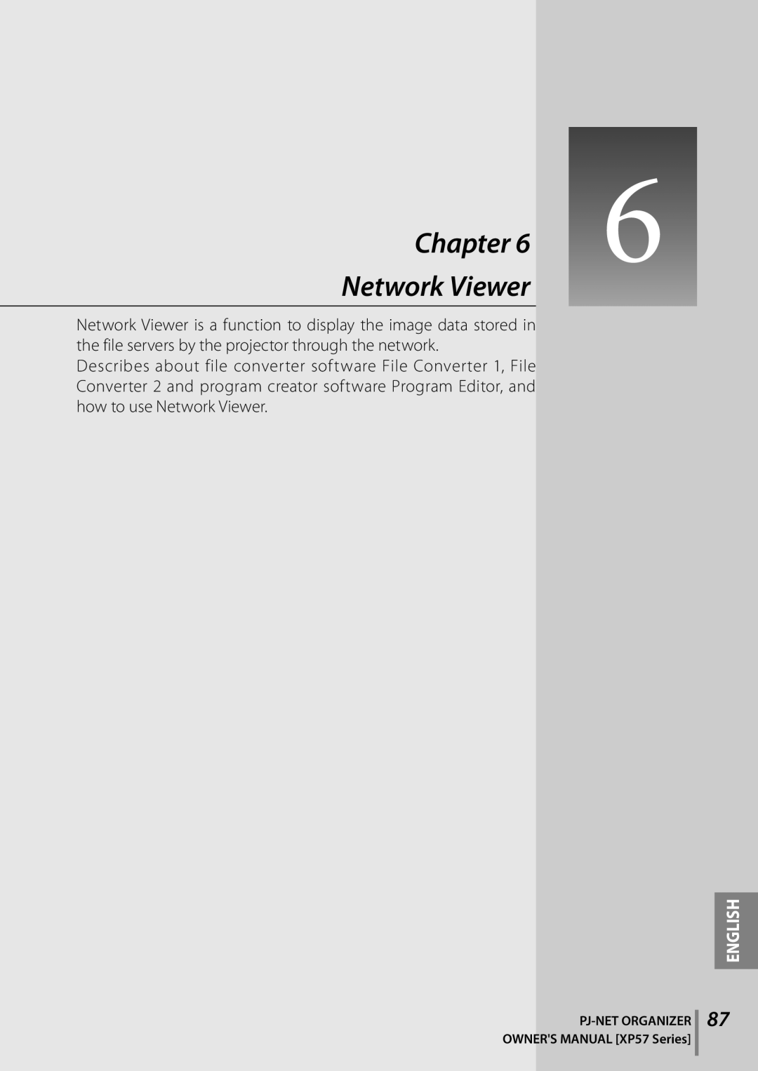 Sanyo POA-PN03C owner manual Chapter Network Viewer, English, PJ-NETORGANIZER OWNERS MANUAL XP57 Series 