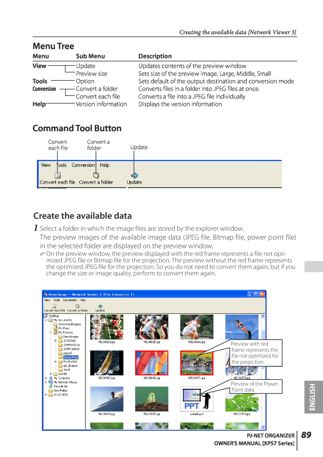 Sanyo POA-PN03C Create the available data, Command Tool Button, Menu Tree, English, Sub Menu, Description, Tools 