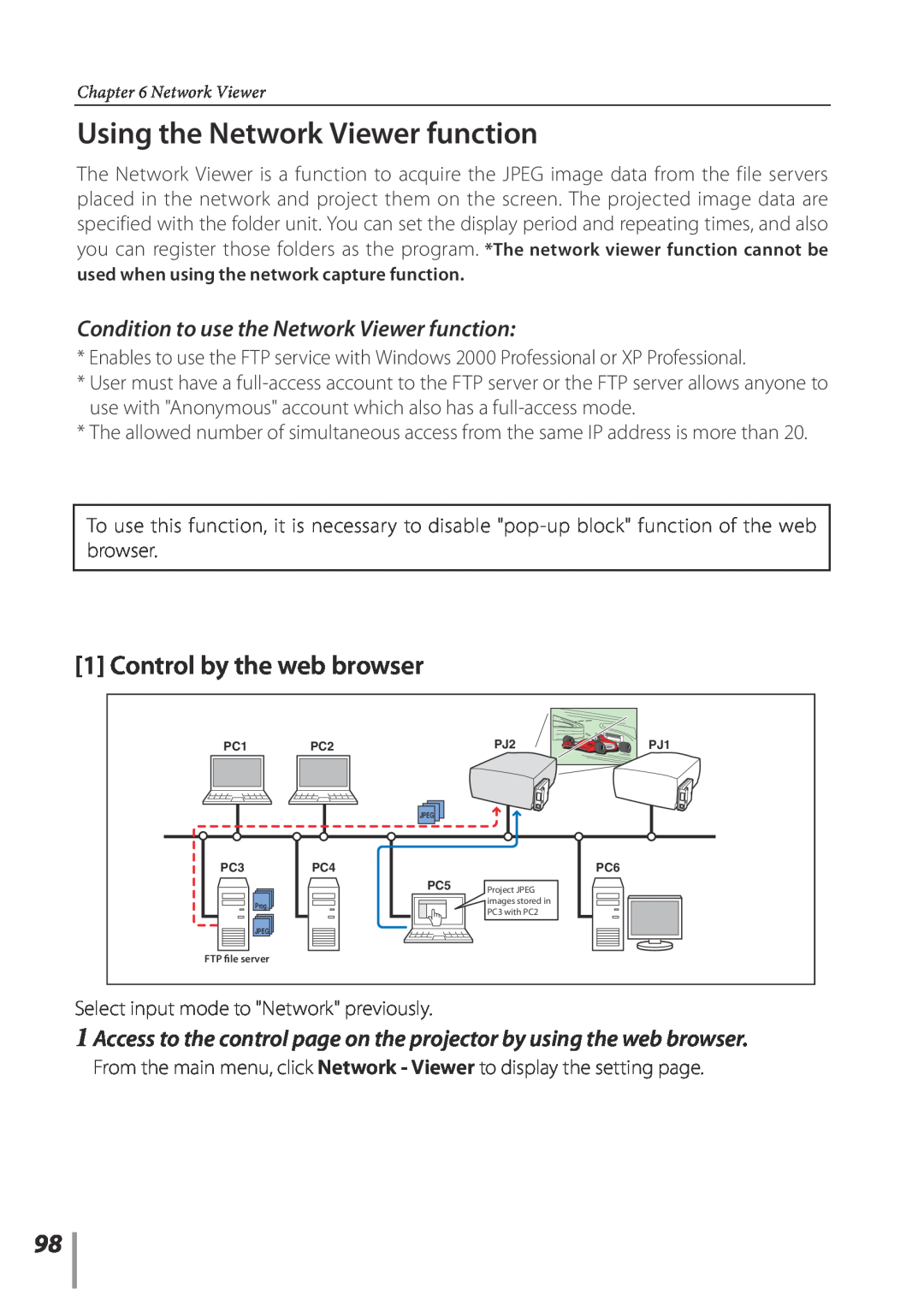 Sanyo POA-PN03C owner manual Using the Network Viewer function, Control by the web browser 