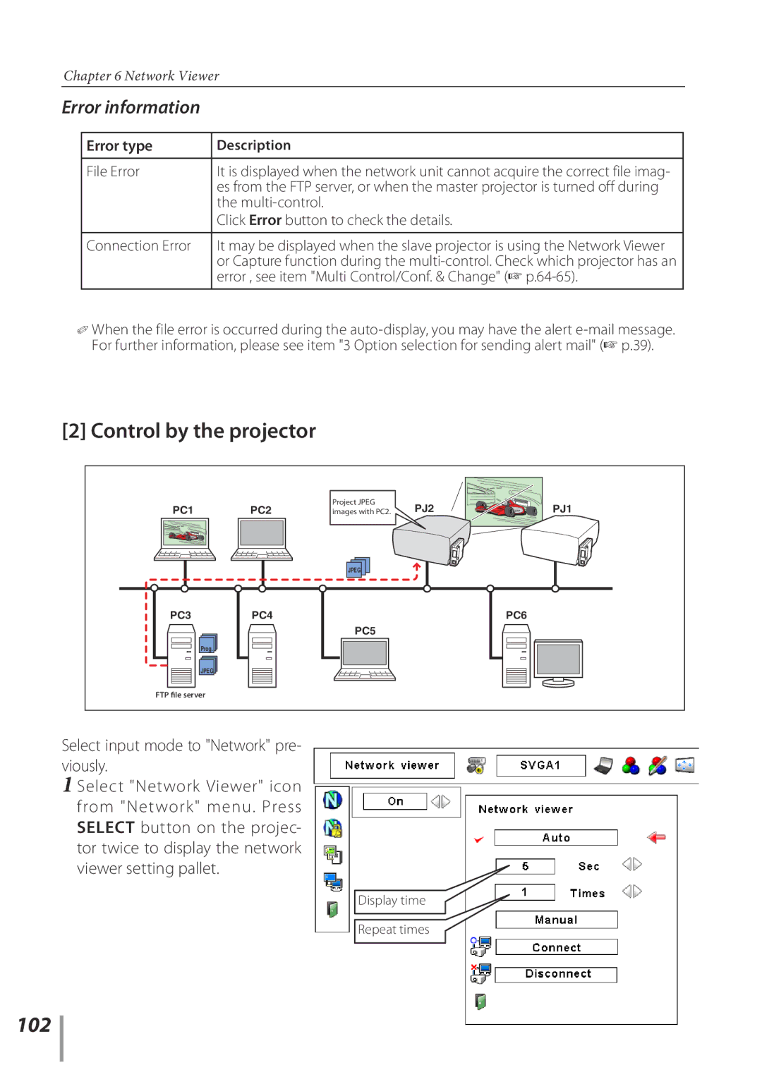 Sanyo POA-PN03C owner manual 102, Error information, Select input mode to Network pre- viously, Error type Description 